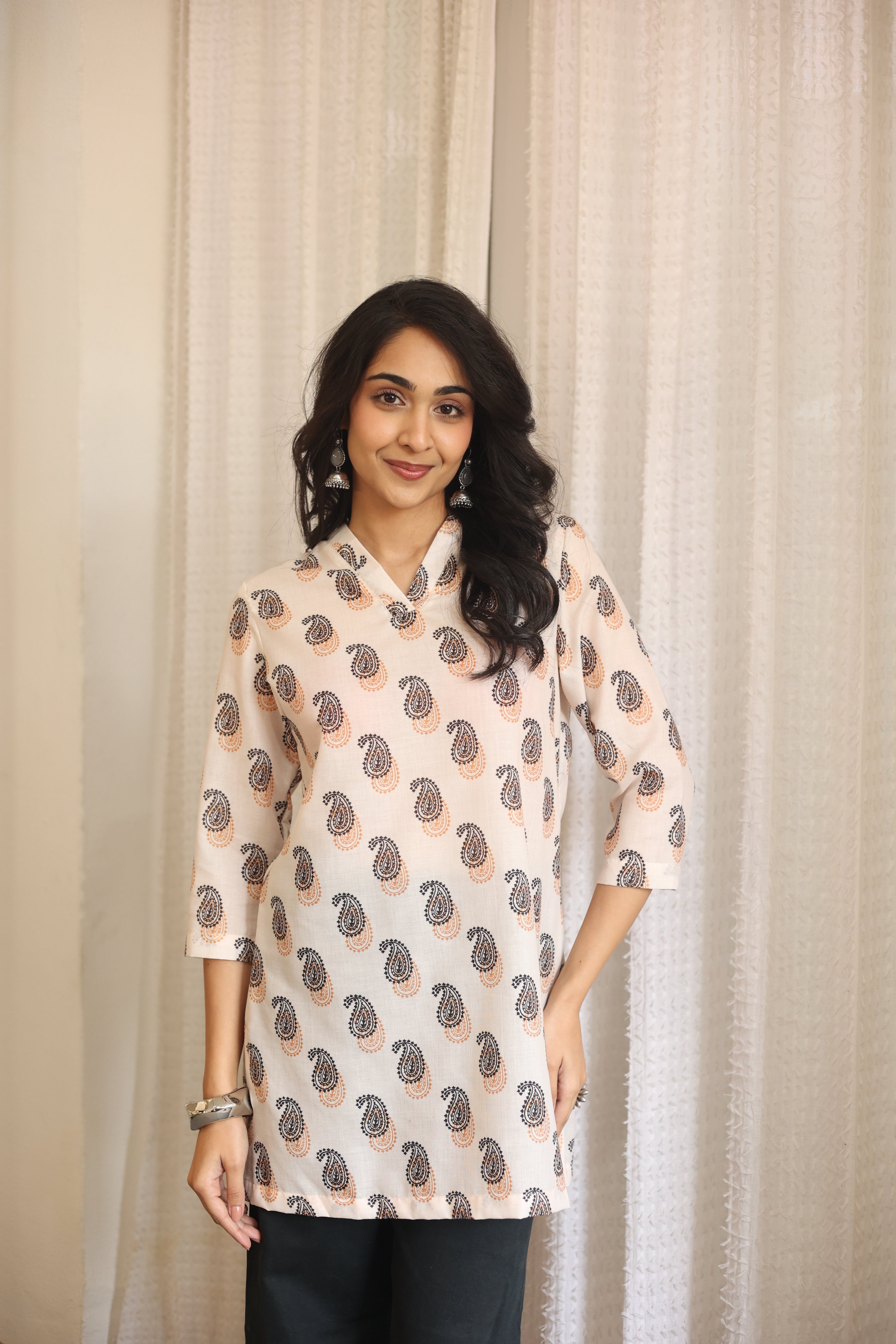 Cream Abstract Print Cotton V-Neck Top for Women