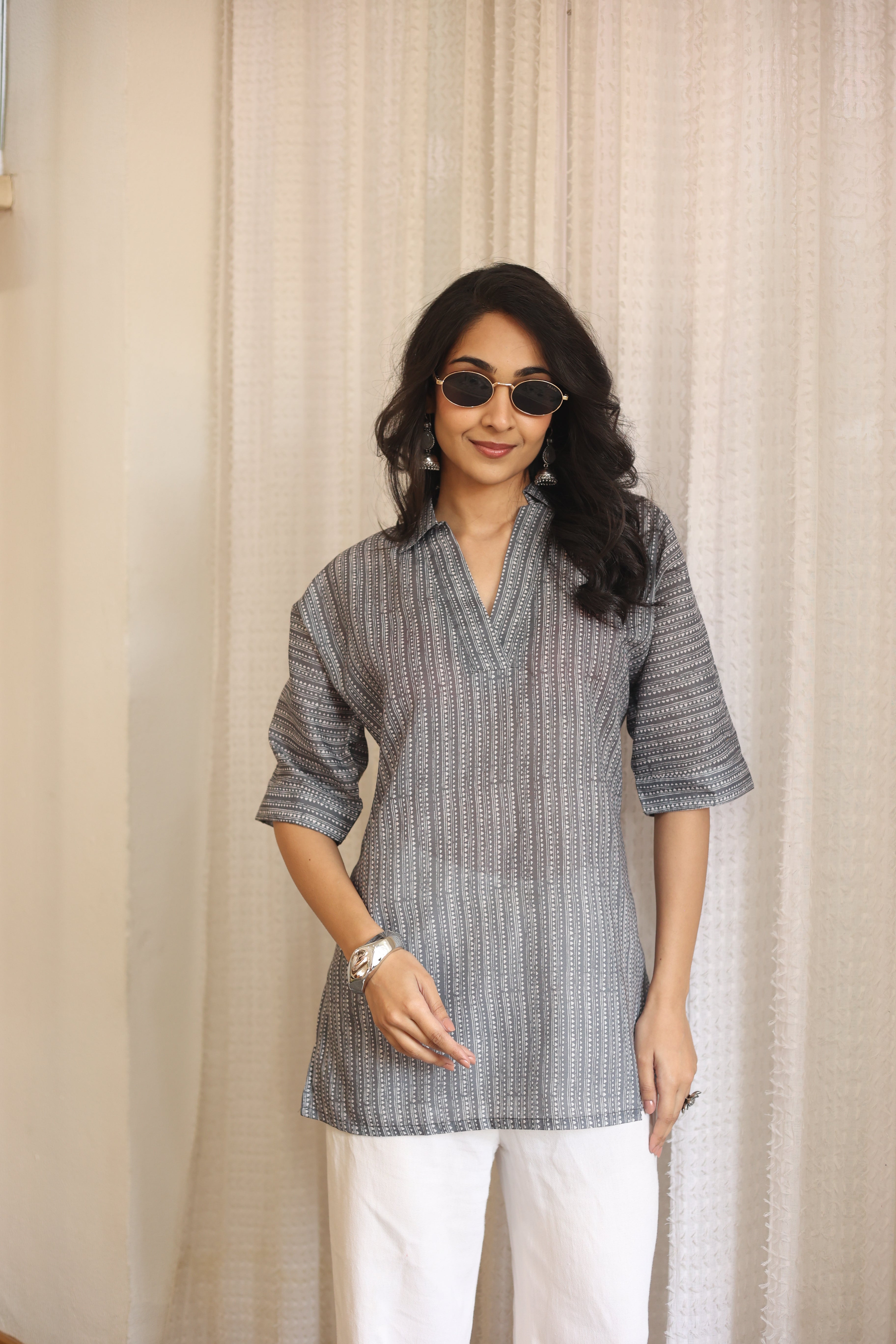 Grey Floral Print Cotton Shirt Collar Top for Women