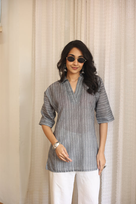 Grey Floral Print Cotton Shirt Collar Top for Women