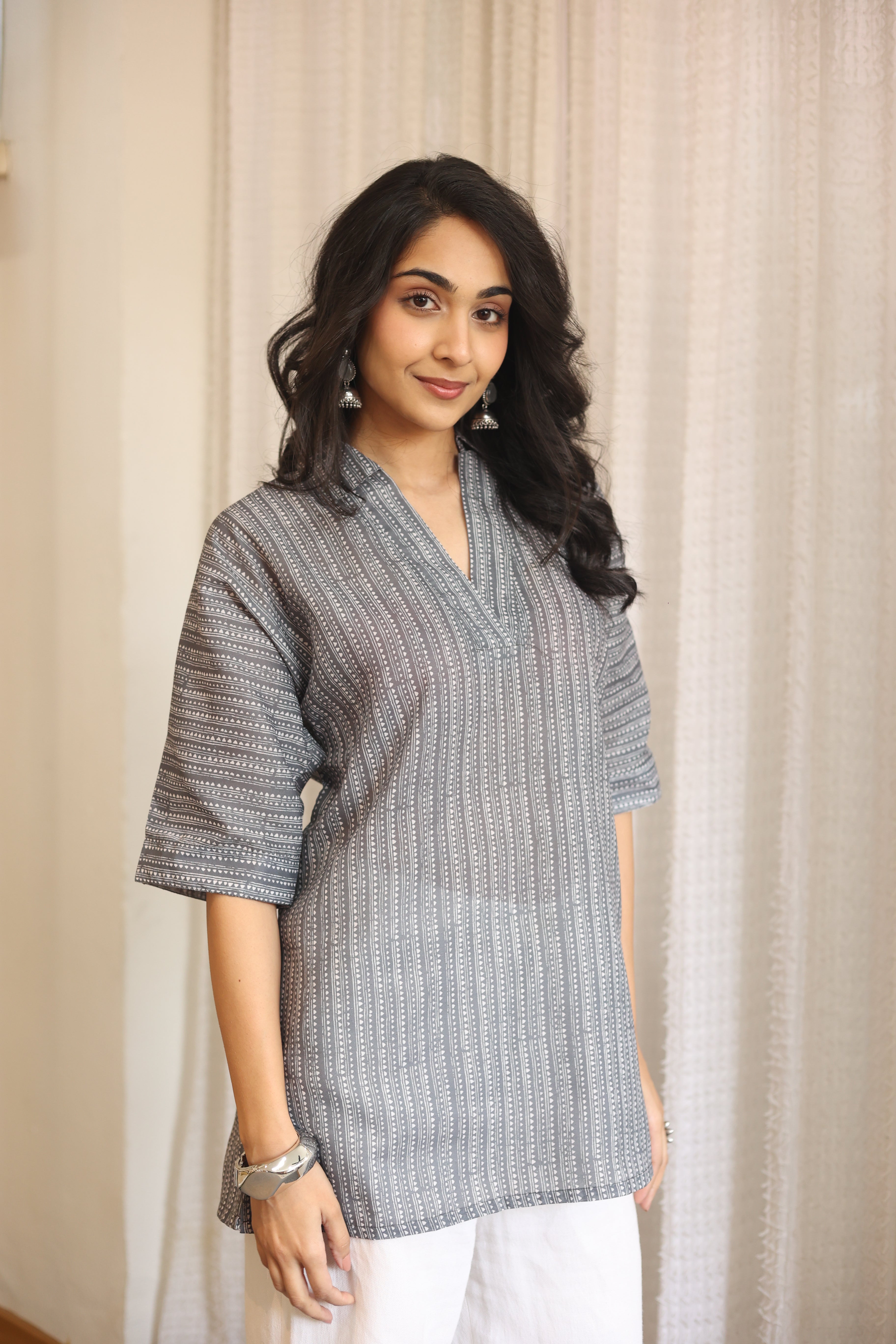 Grey Floral Print Cotton Shirt Collar Top for Women