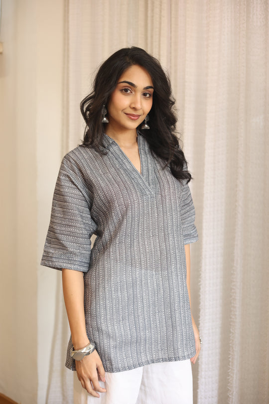 Grey Floral Print Cotton Shirt Collar Top for Women