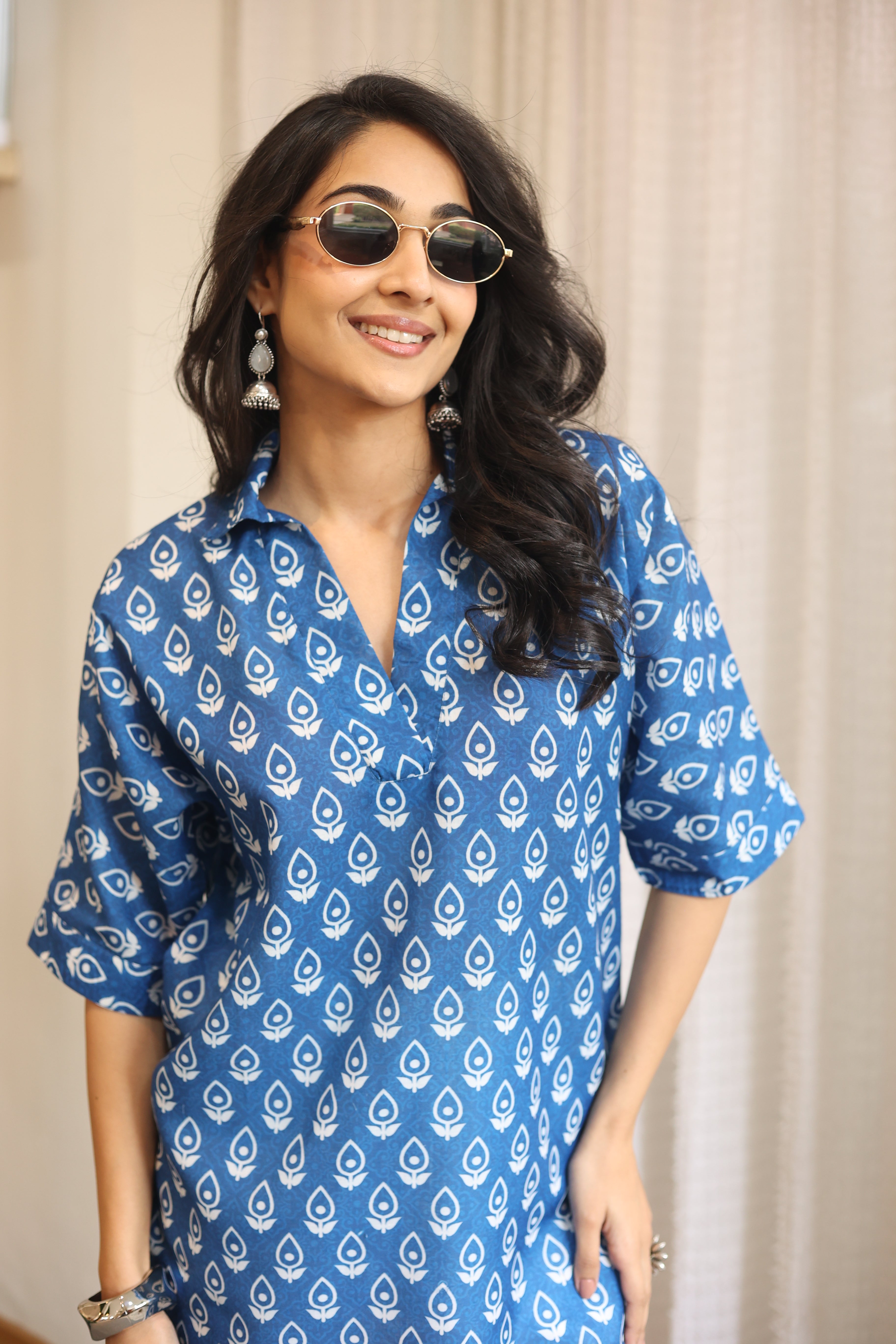 Blue Floral Print Cotton Shirt Collar Top for Women