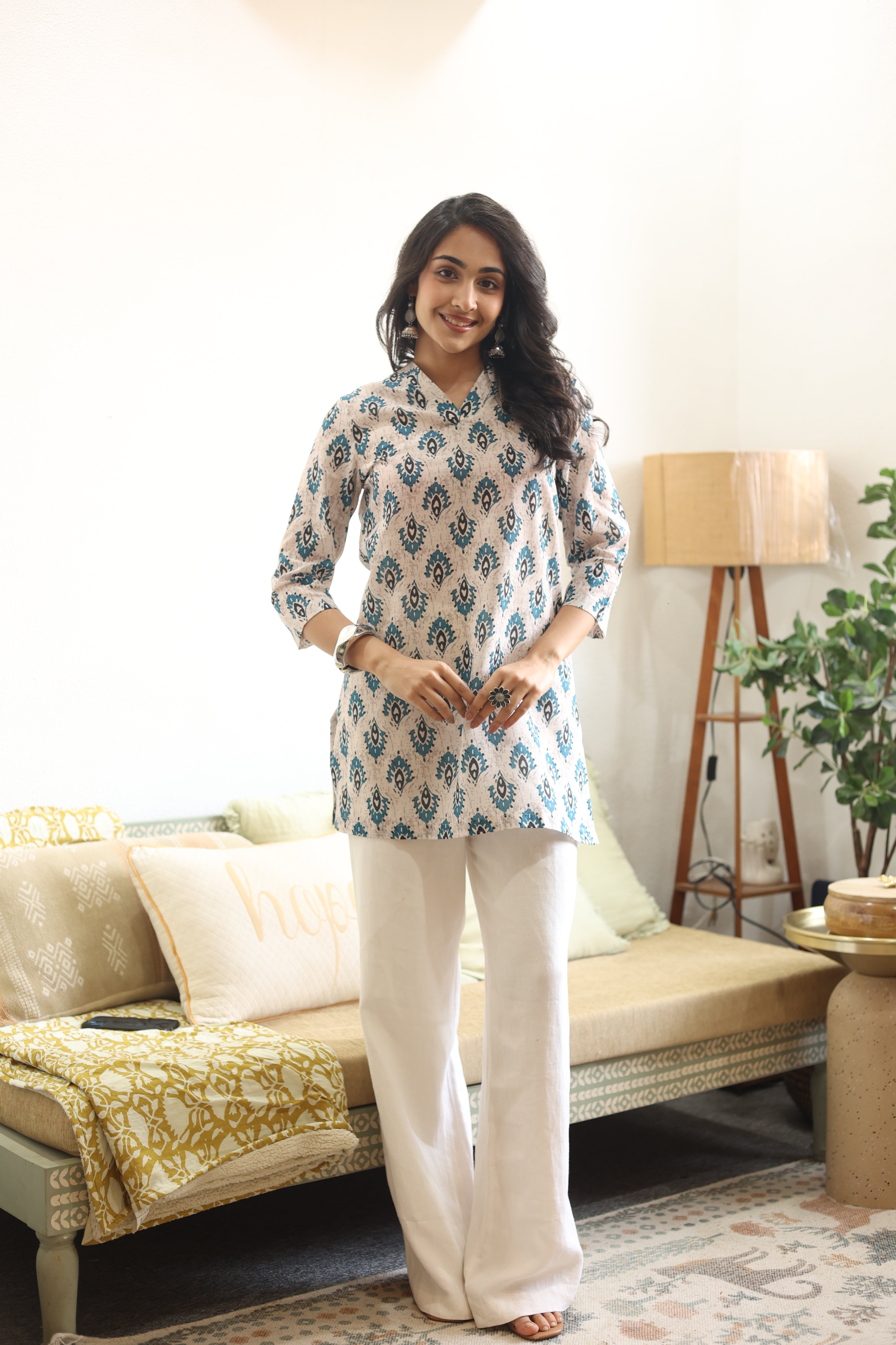 Blue Abstract Print Cotton Round Neck Top for Women