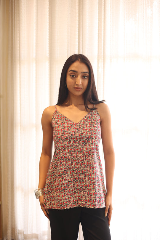 Beige Printed Cotton V-Neck Top for Women