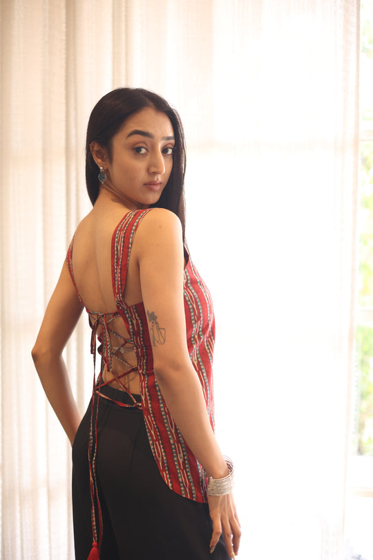 Red Printed Cotton Square Neck Top for Women