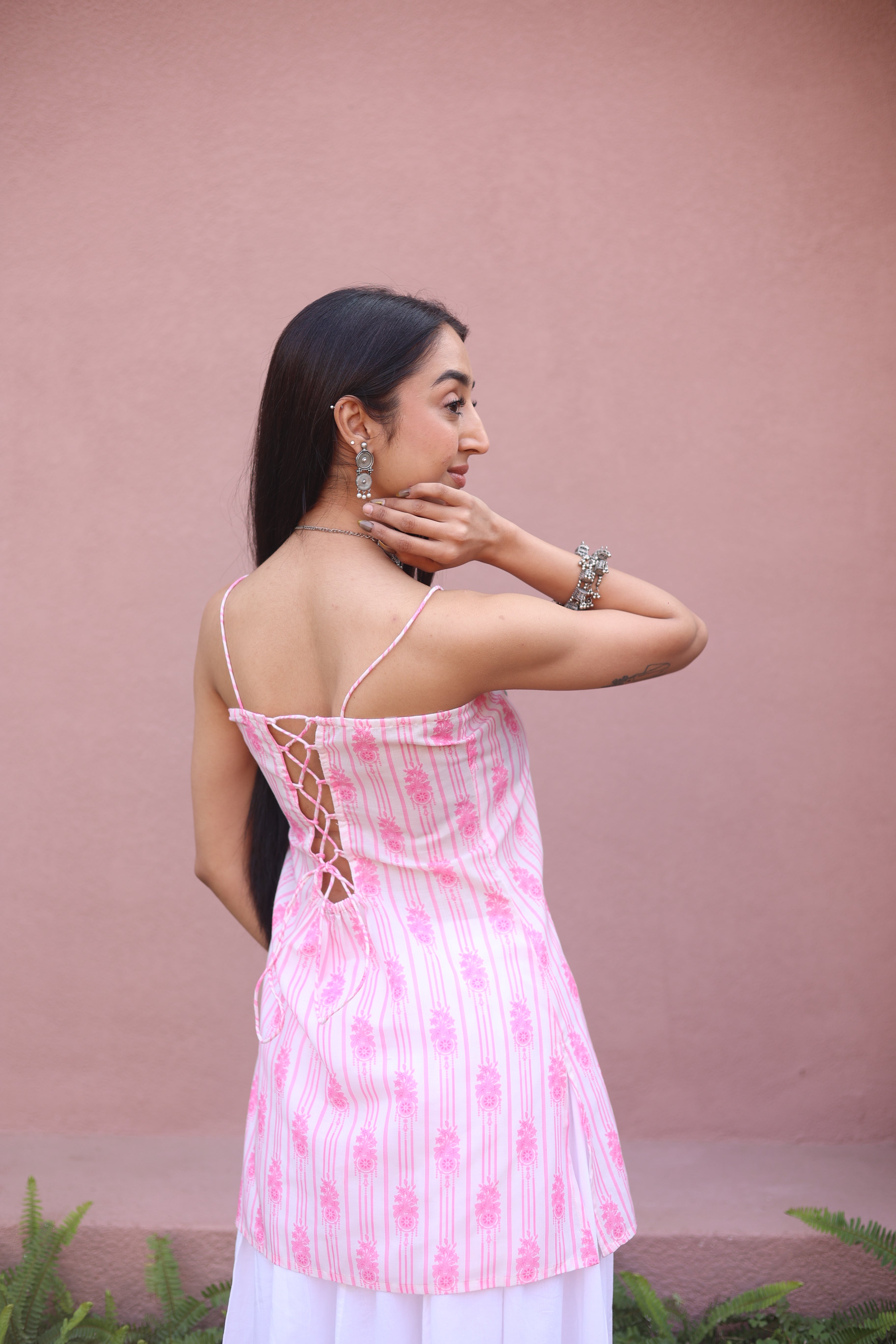 Pink Printed Cotton Short Sleeves Top for Women