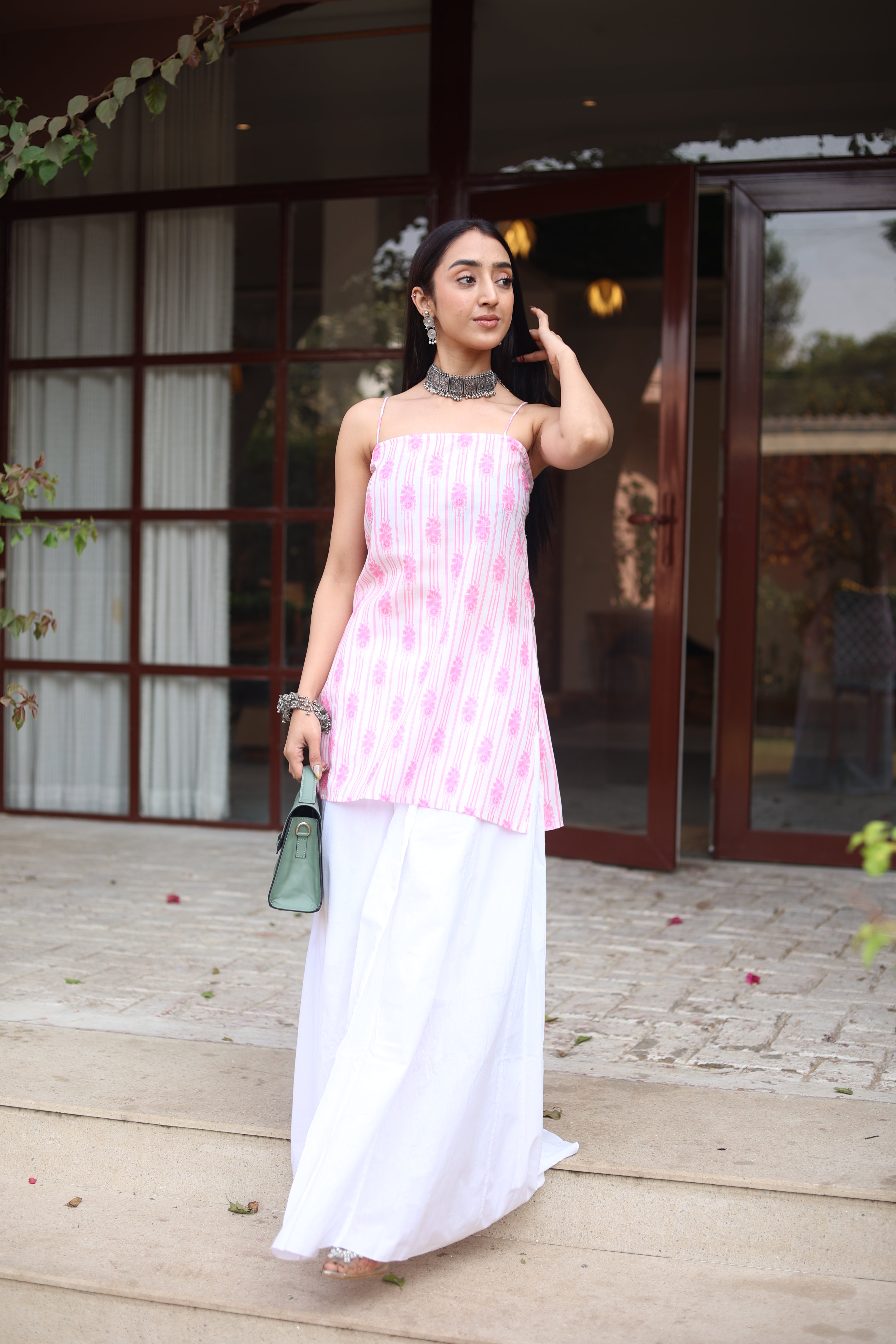 Pink Printed Cotton Short Sleeves Top for Women