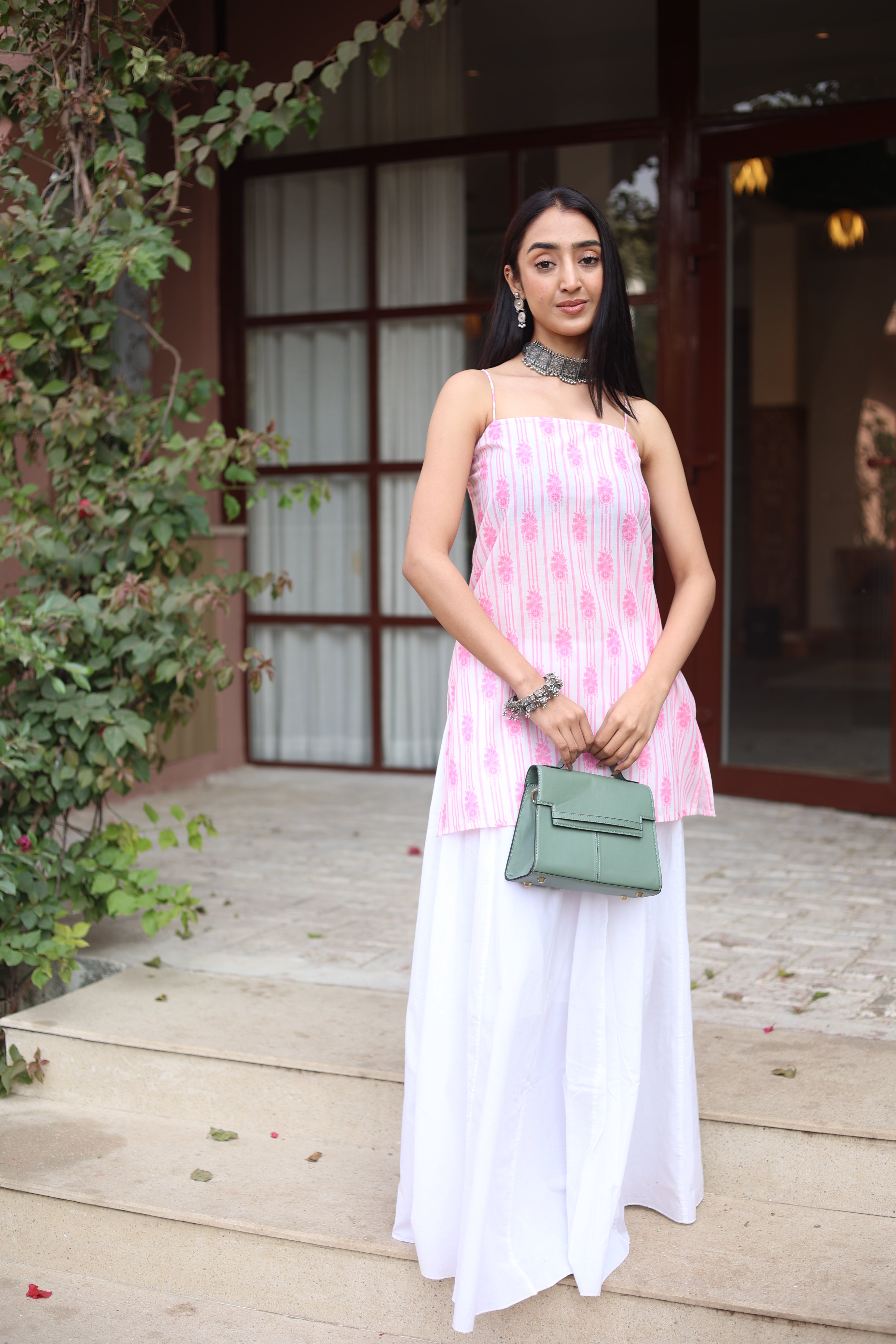 Pink Printed Cotton Short Sleeves Top for Women