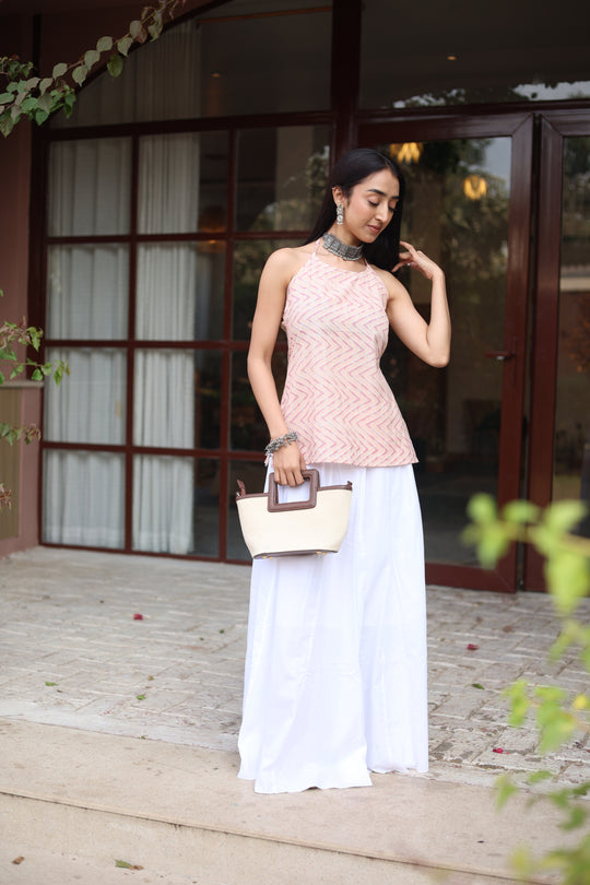 Pink Geometric Cotton Round Neck Top for Women