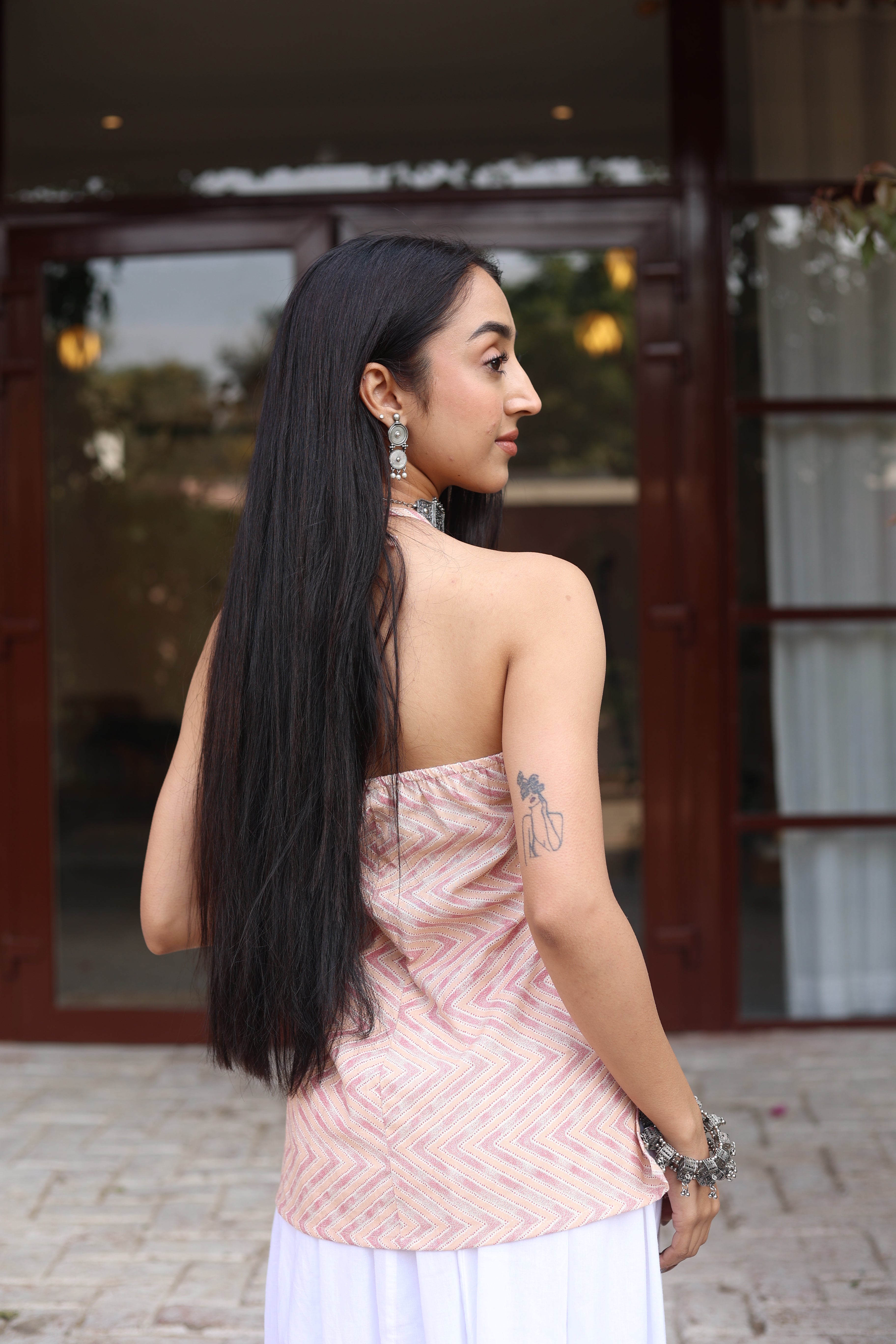 Pink Geometric Cotton Round Neck Top for Women