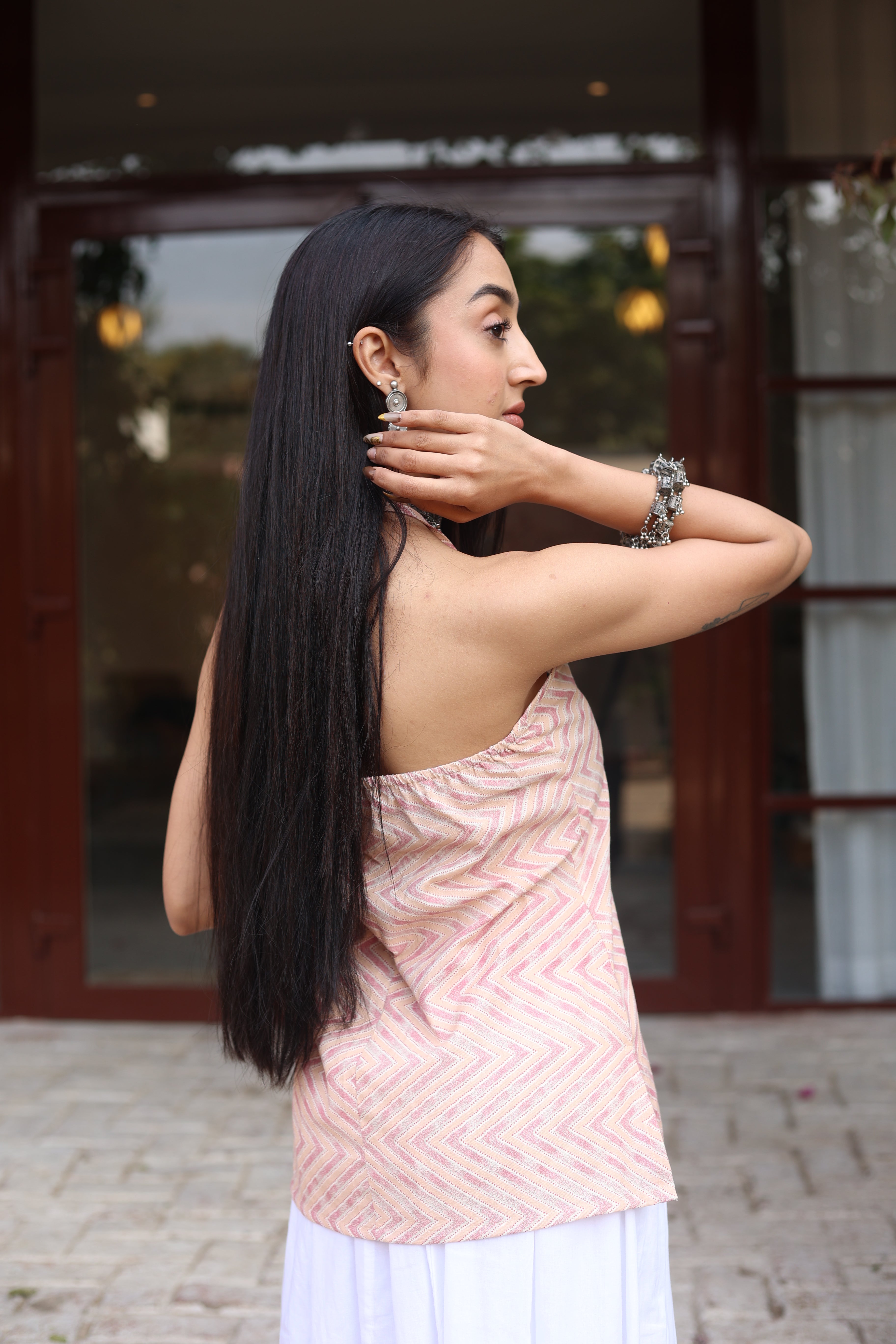 Pink Geometric Cotton Round Neck Top for Women