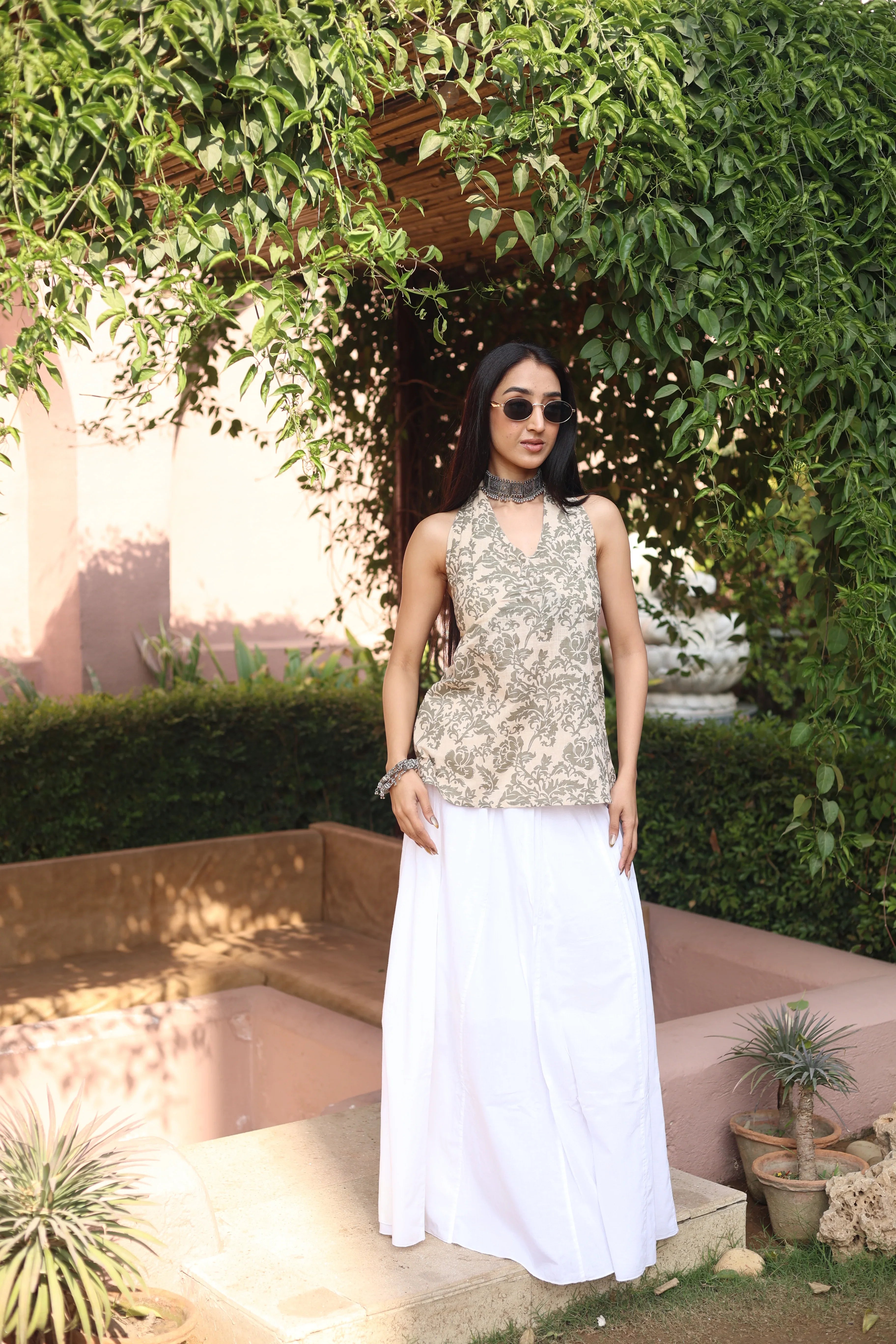 Beige Solid Cotton V-Neck Top for Women - SanskrutiHomes 
