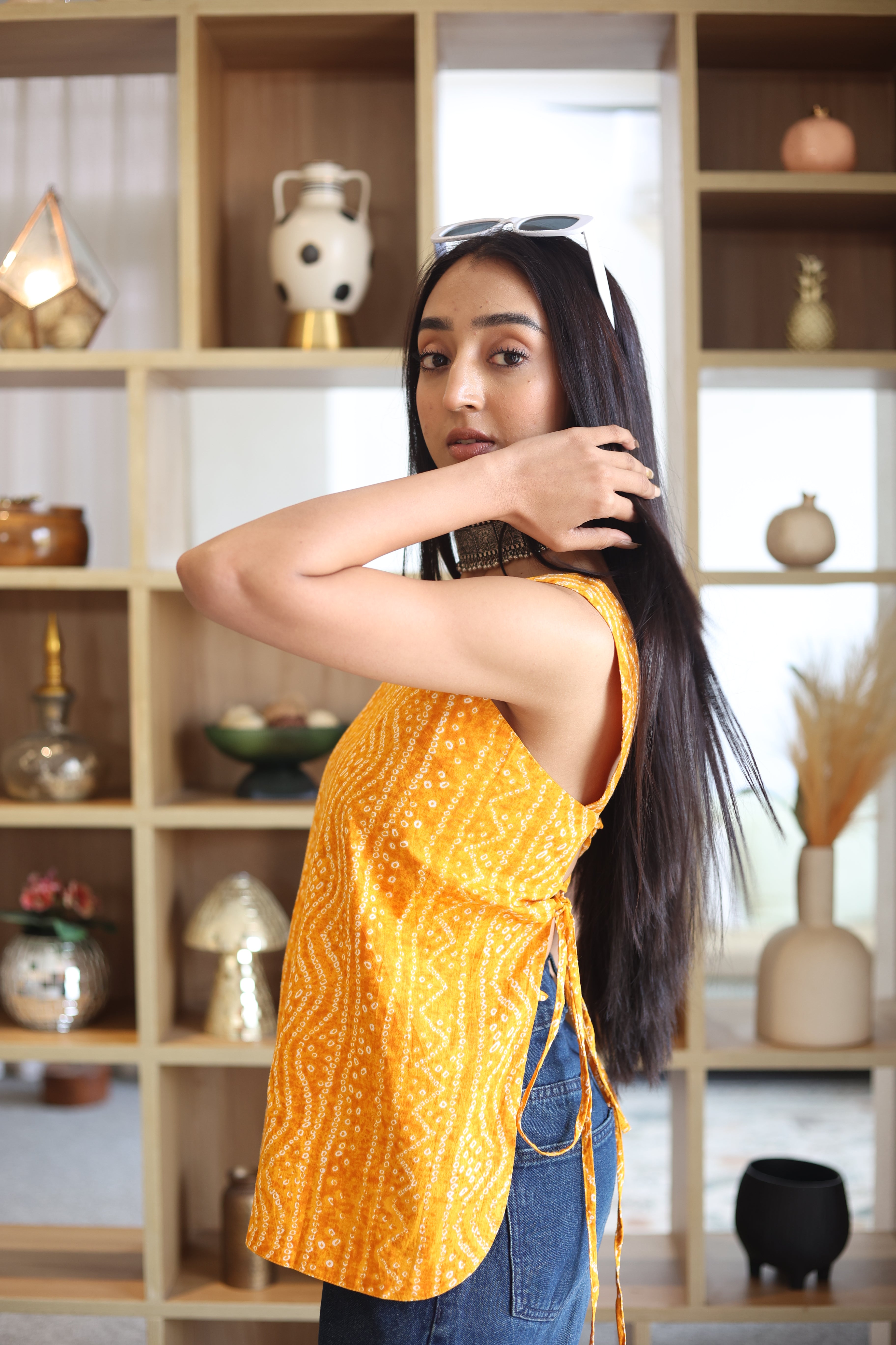 Yellow Abstract Print  Cotton Square Neck Top for Women