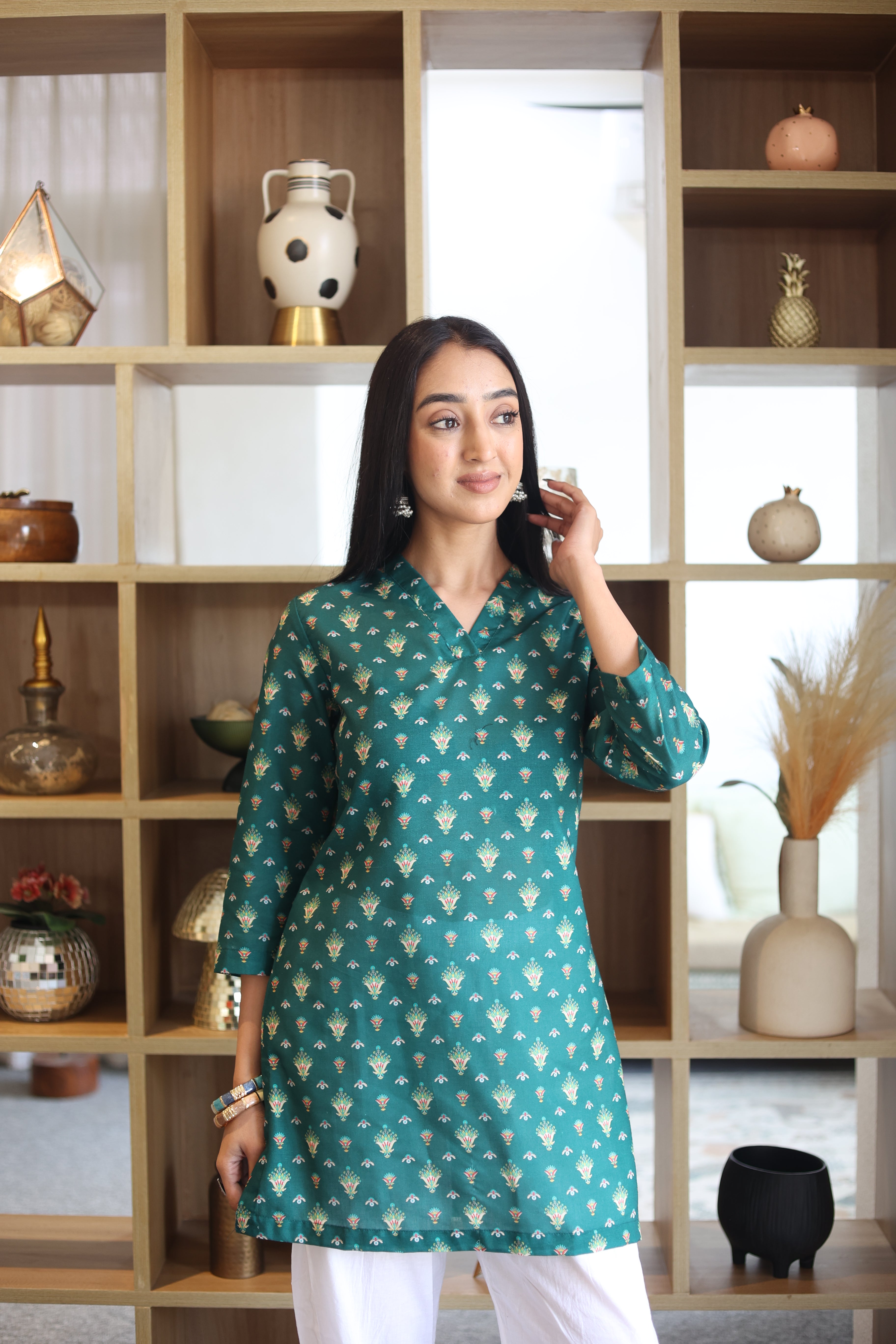 Green Printed Cotton Round Neck Top for Women