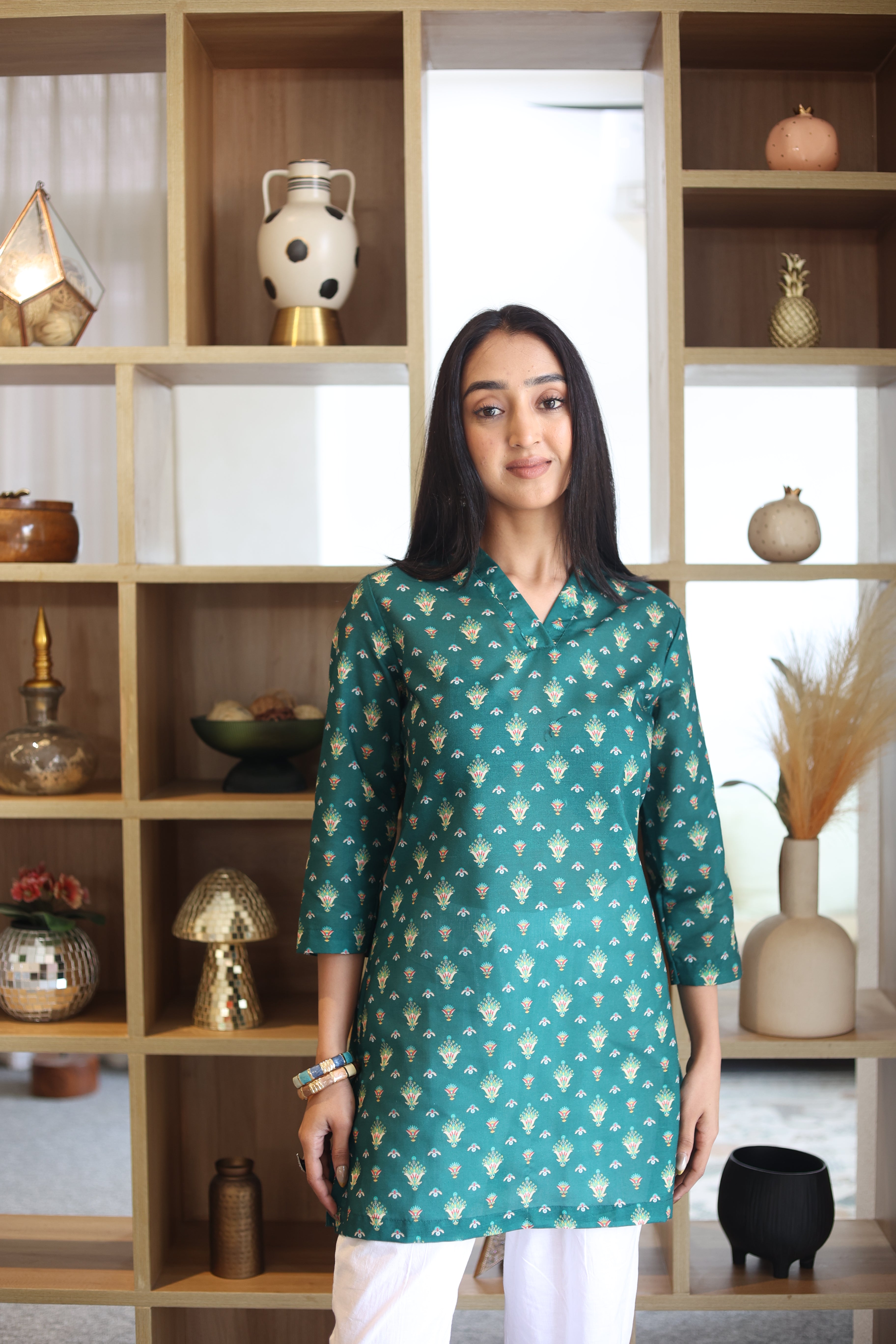 Green Printed Cotton Round Neck Top for Women