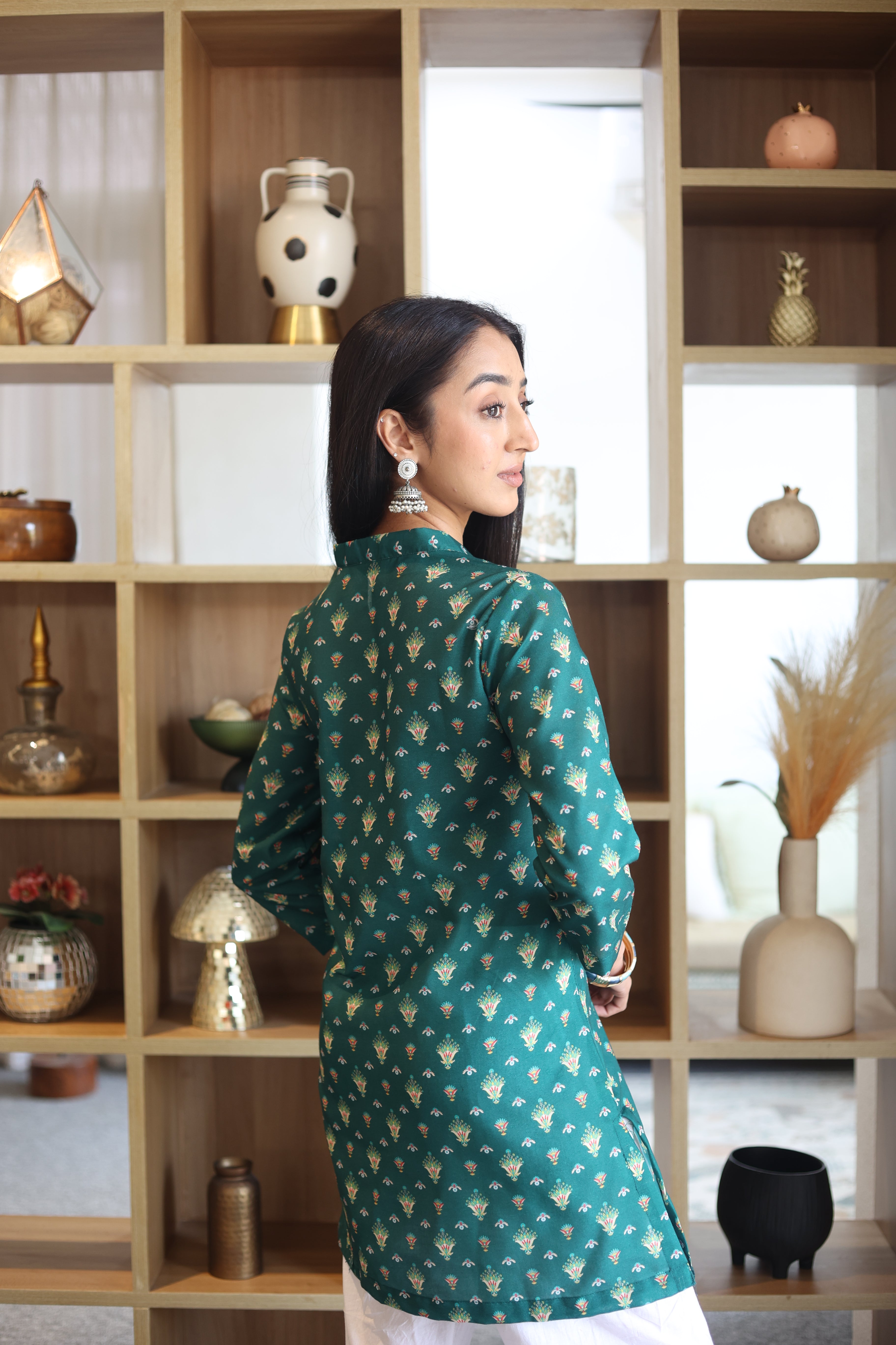 Green Printed Cotton Round Neck Top for Women