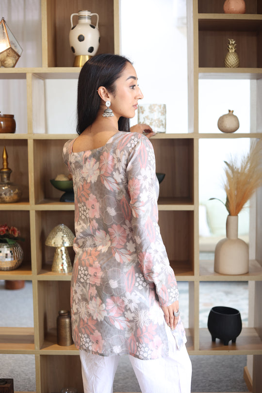 Grey Floral Print Square Neck Cotton Top for Women