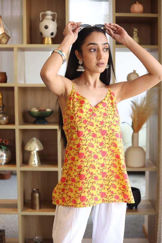 Yellow Floral Printed V-Neck Cotton Top for Women