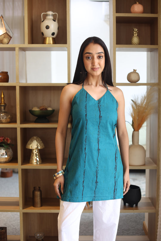 Teal Stripes Print Cotton V-Neck Top for Women