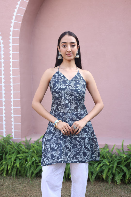 Blue Floral Print Cotton V-Neck Top for Women