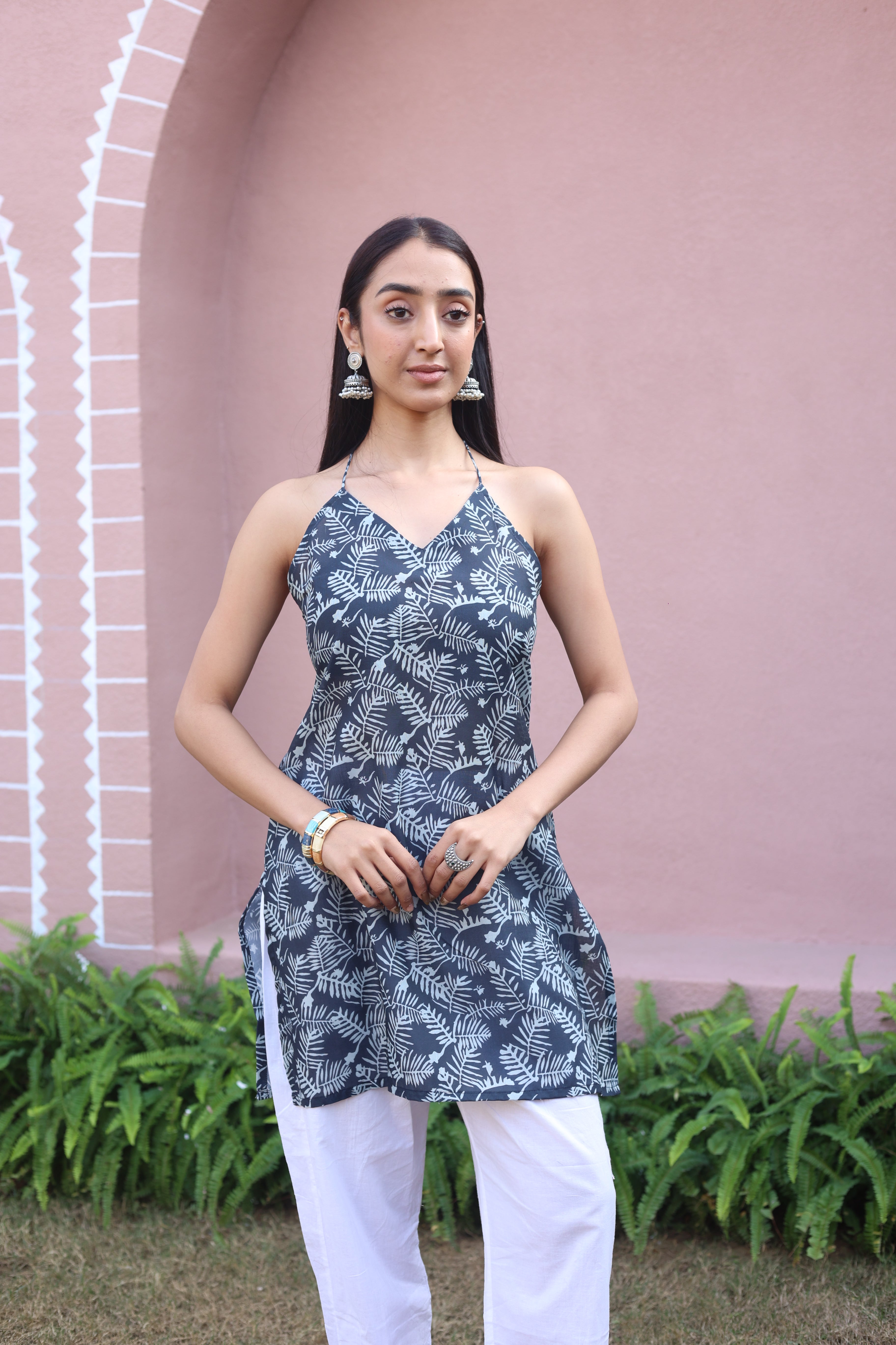 Blue Floral Print Cotton V-Neck Top for Women