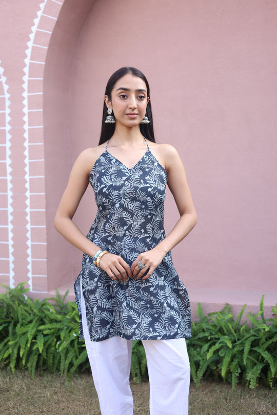 Blue Floral Print Cotton V-Neck Top for Women