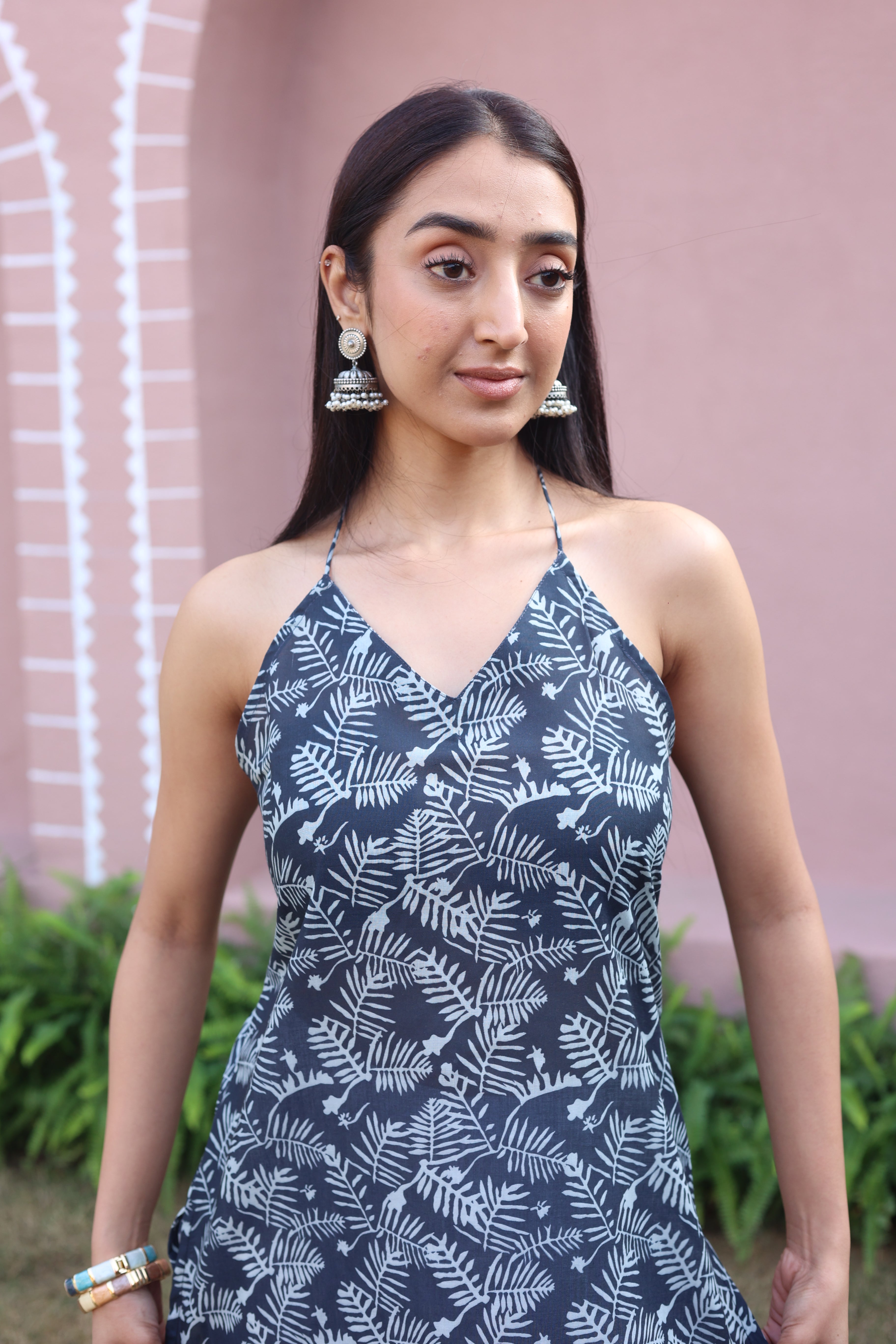 Blue Floral Print Cotton V-Neck Top for Women