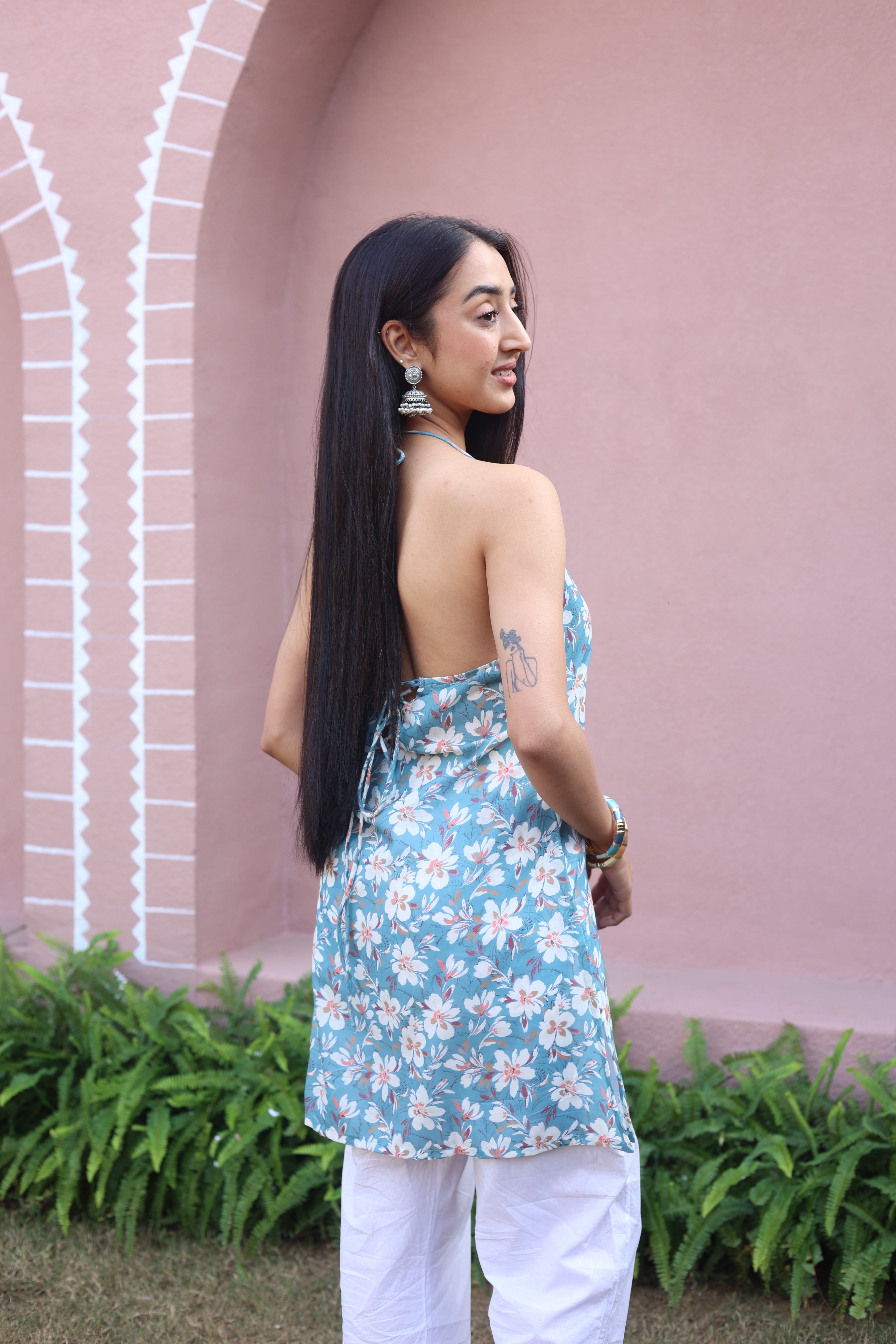 Grey Floral Print Cotton V-Neck Top for Women