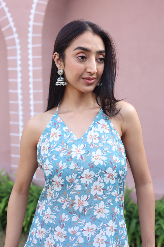 Grey Floral Print Cotton V-Neck Top for Women