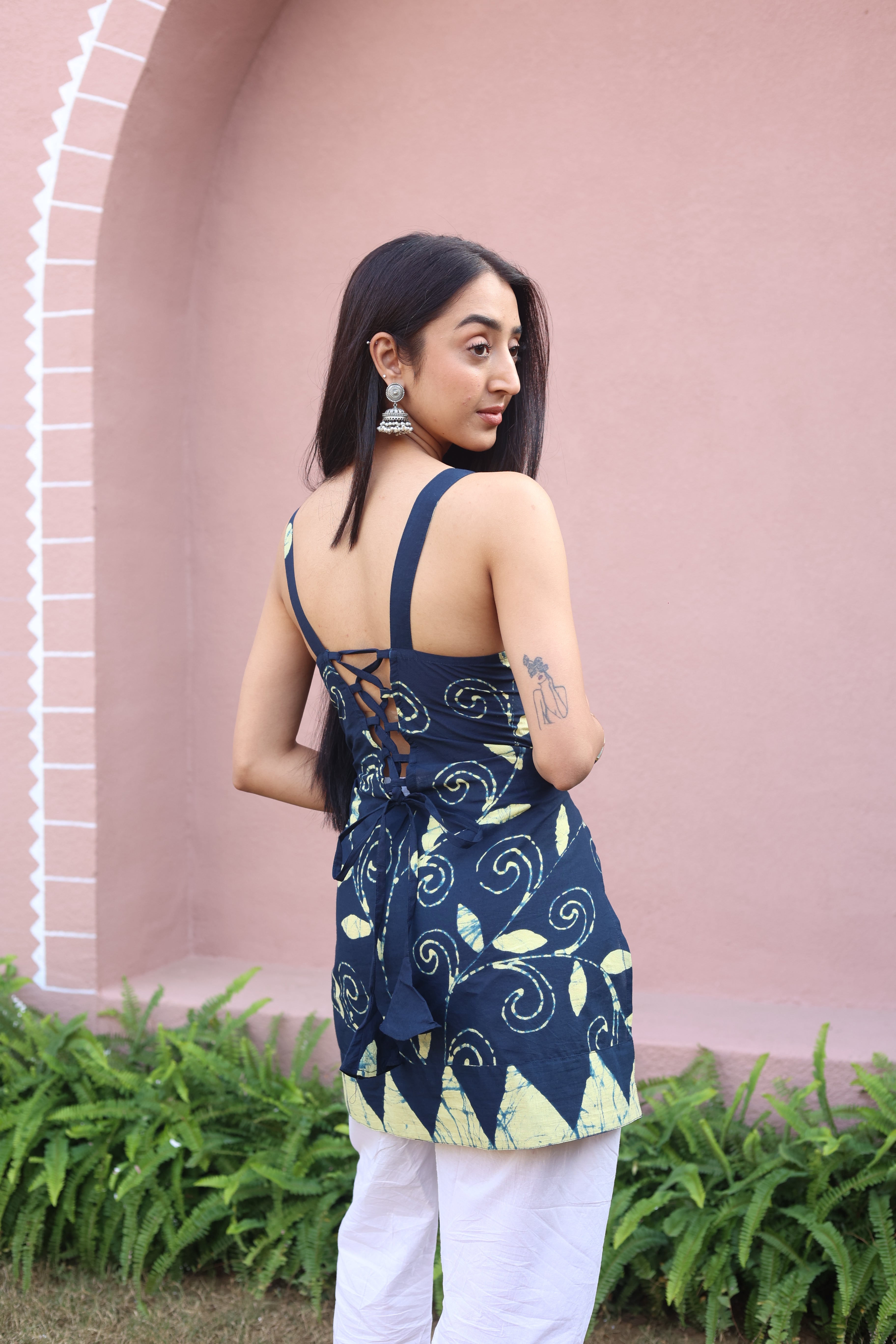 Navy Blue Floral Print Cotton Square Neck Top for Women