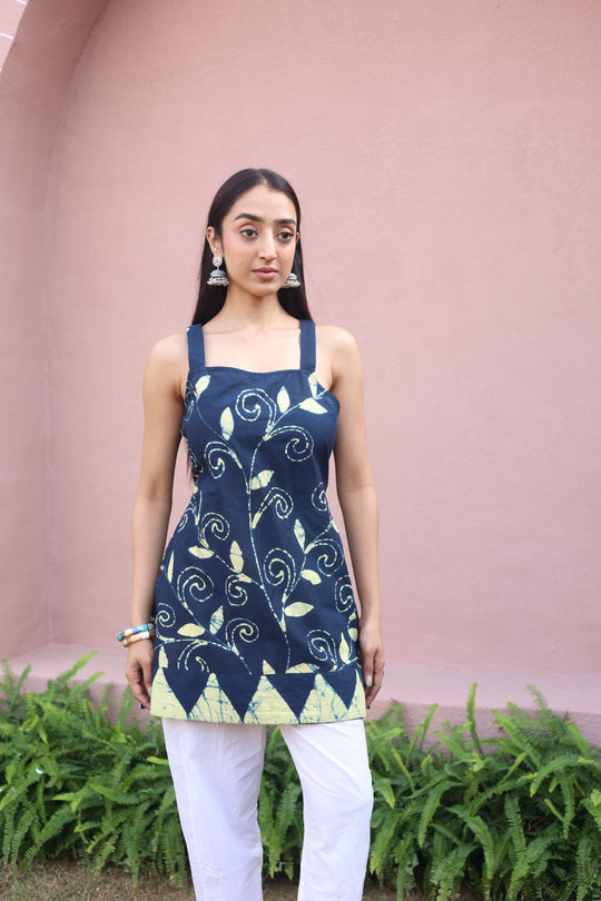 Navy Blue Floral Print Cotton Square Neck Top for Women