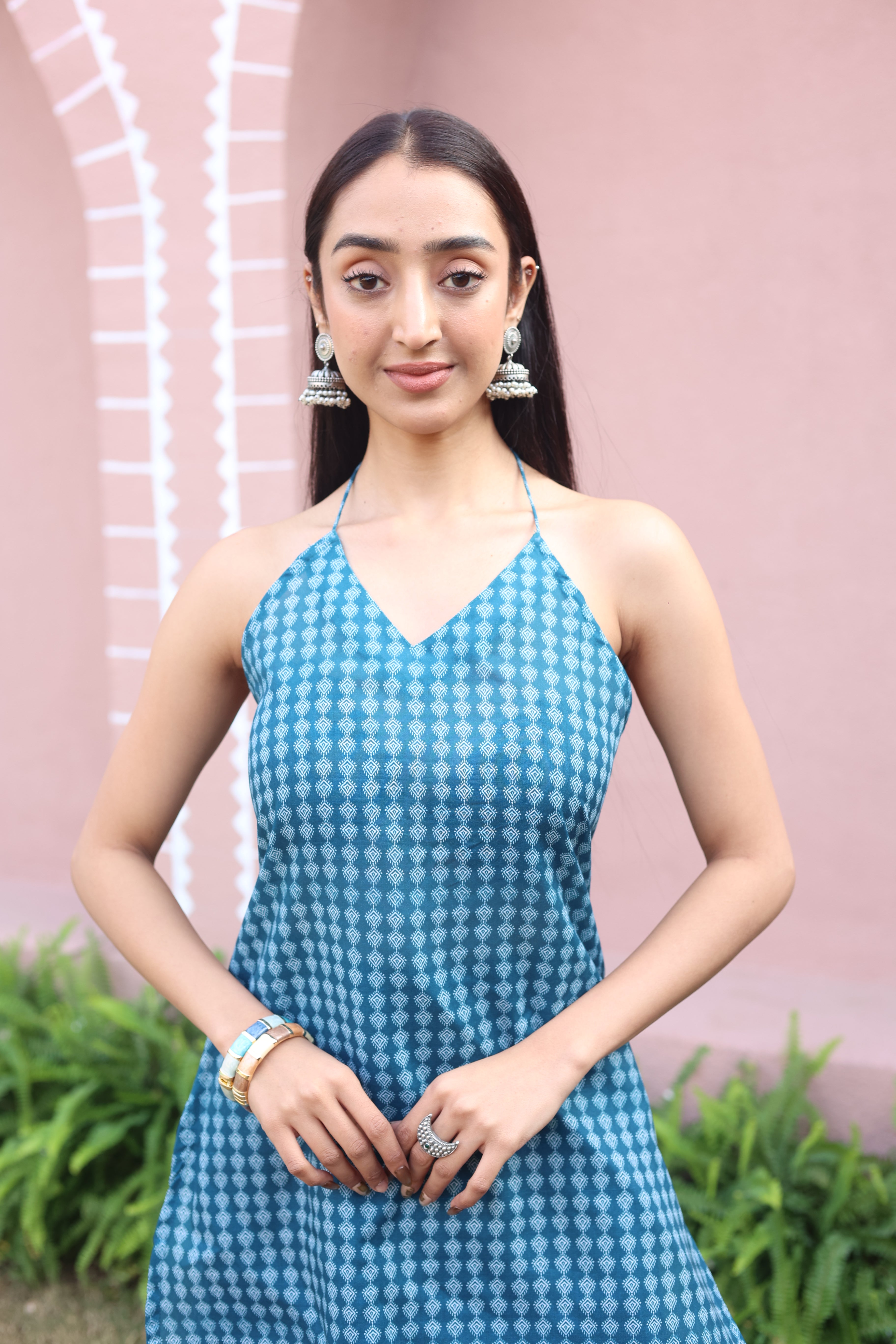 Teal Geometric Print Cotton V-Neck Top for Women