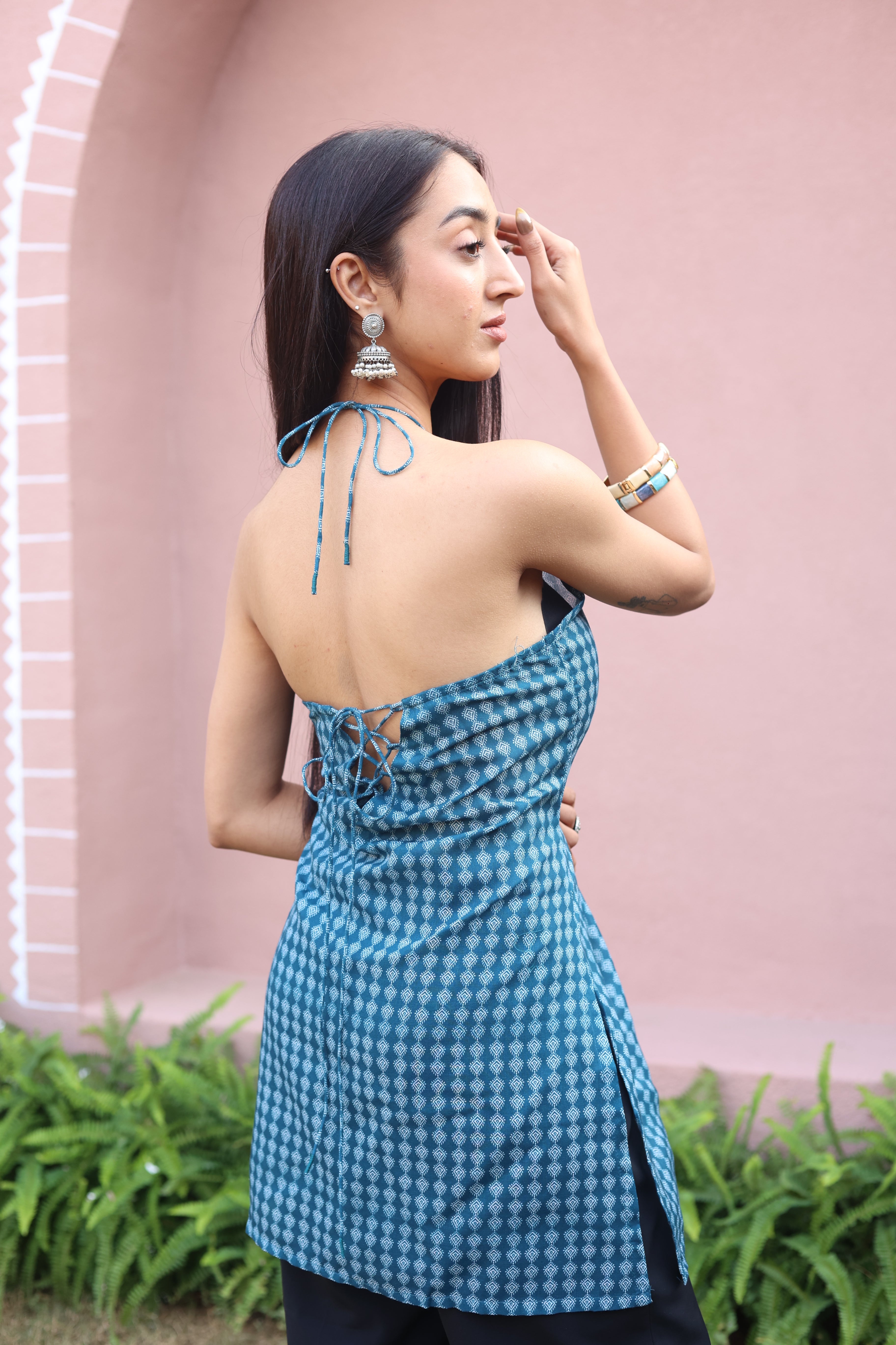 Teal Geometric Print Cotton V-Neck Top for Women