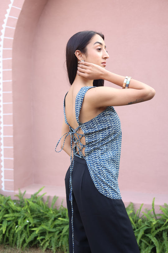 Blue Abstract Print Cotton Square Neck Top for Women