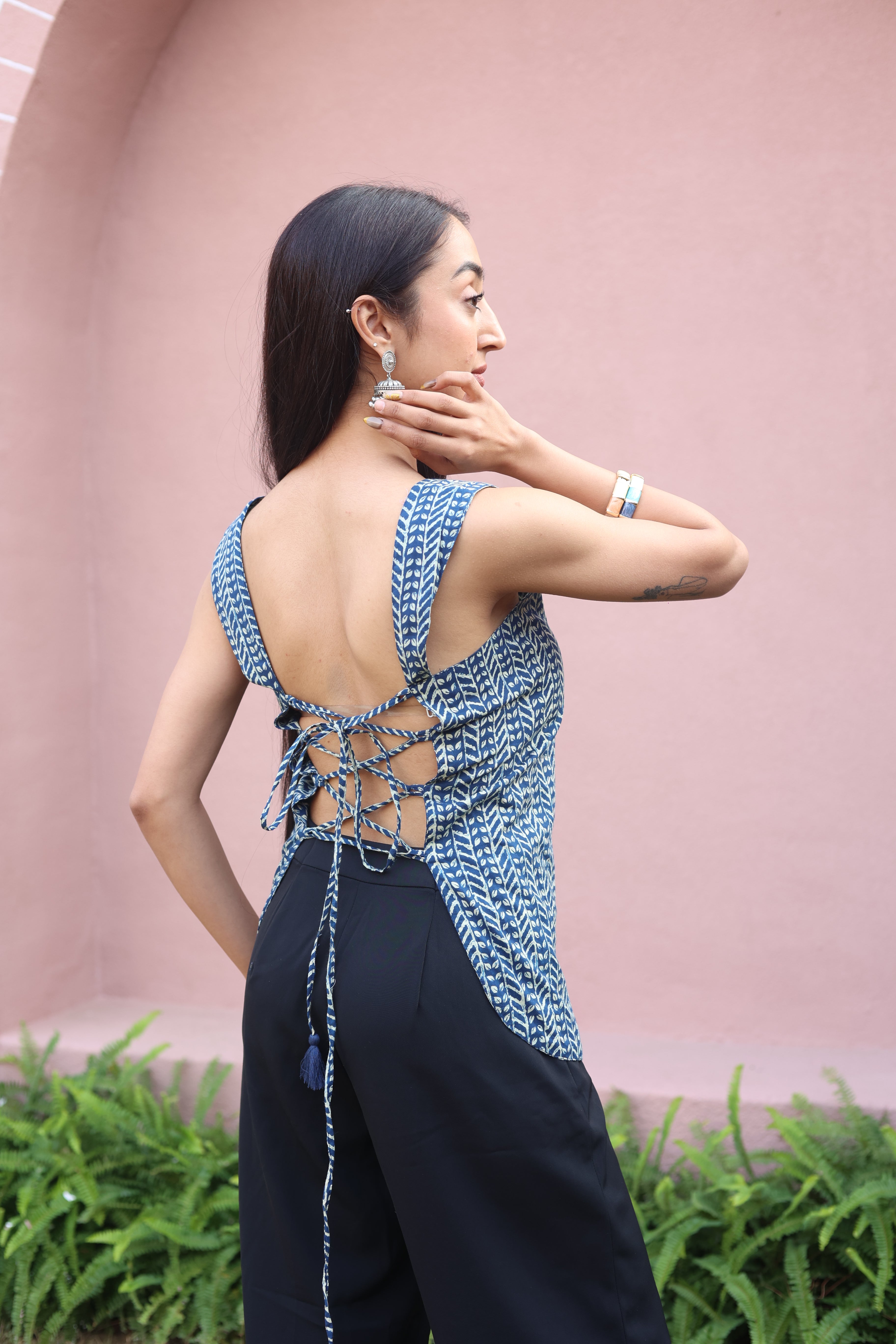 Blue Abstract Print Cotton Square Neck Top for Women