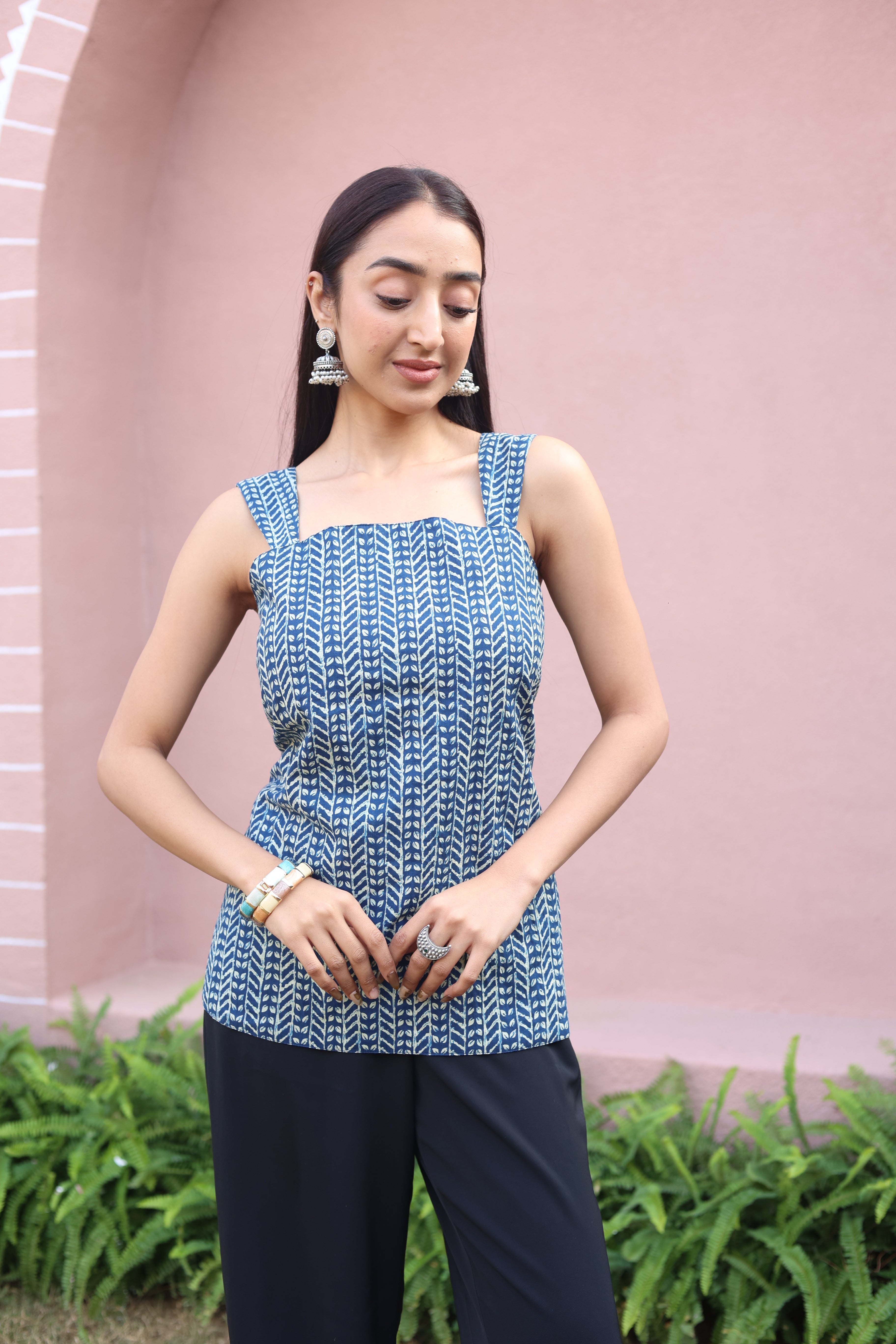 Blue Abstract Print Cotton Square Neck Top for Women
