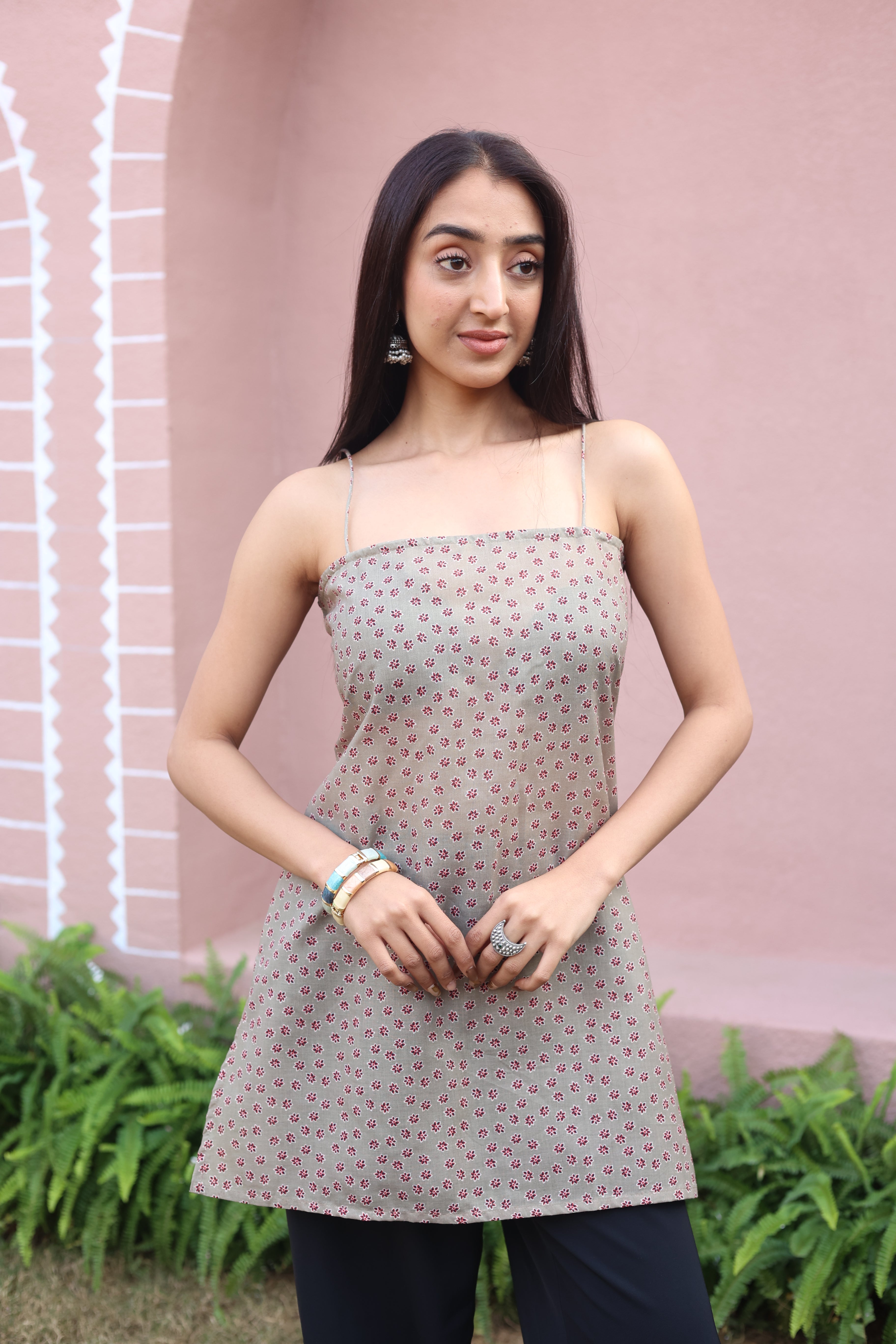 Brown Floral Print Cotton Square Neck Top for Women