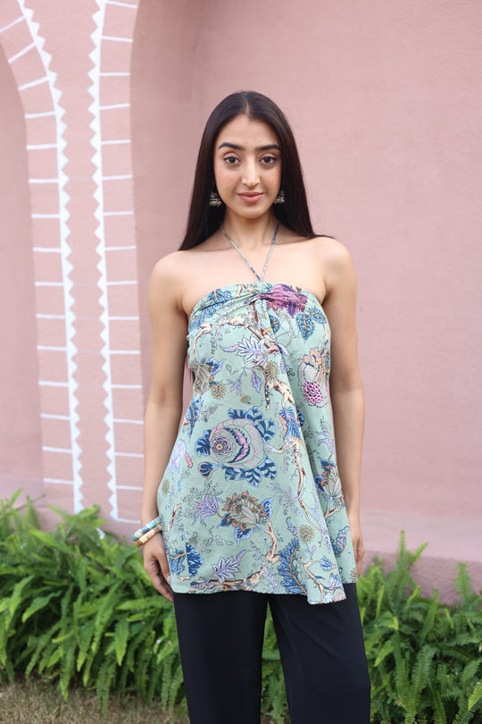 Green Floral Print Cotton Tie-Up Neck Top for Women