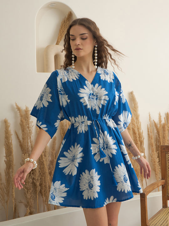 Blue Floral Printed V-Neck Dress for Women