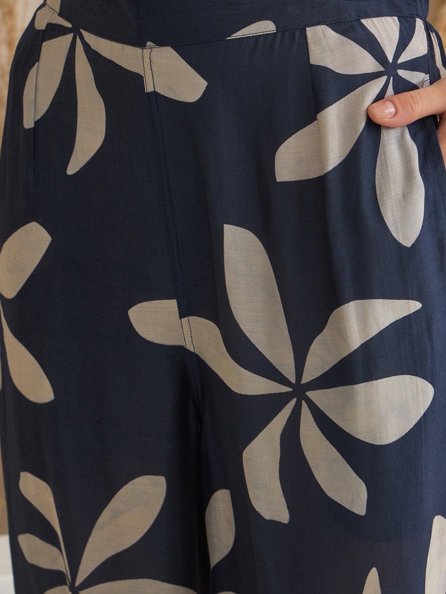 Navy Blue Viscose Rayon Shirt Collar Co-Ord Set for Women - SanskrutiHomes 