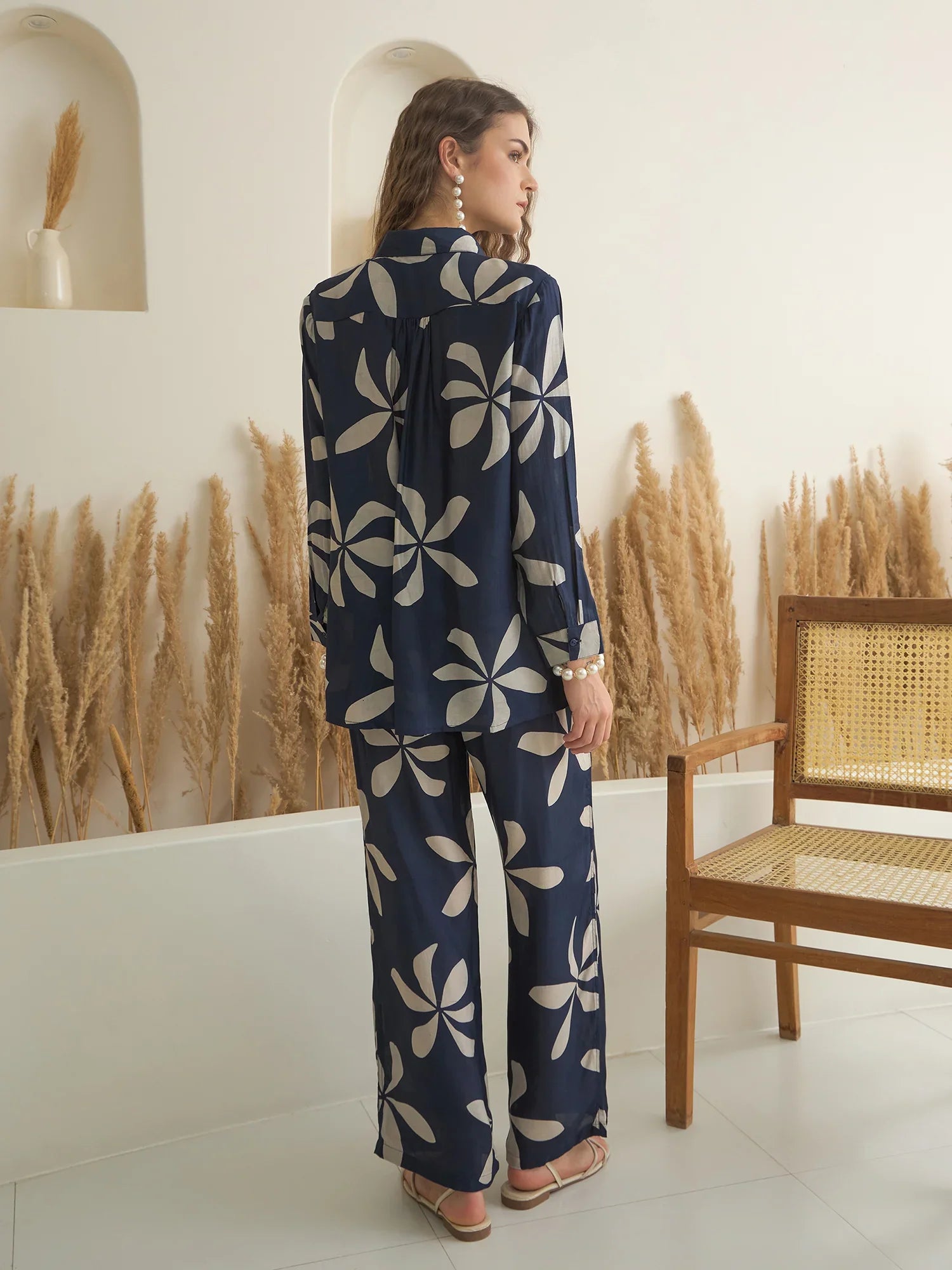 Navy Blue Viscose Rayon Shirt Collar Co-Ord Set for Women - SanskrutiHomes 