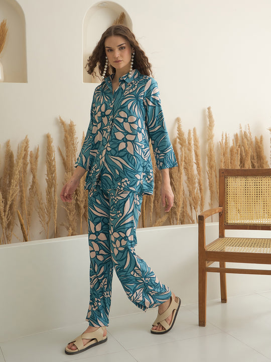 Blue Shirt Collar Viscose Rayon Printed Night Suit for Women