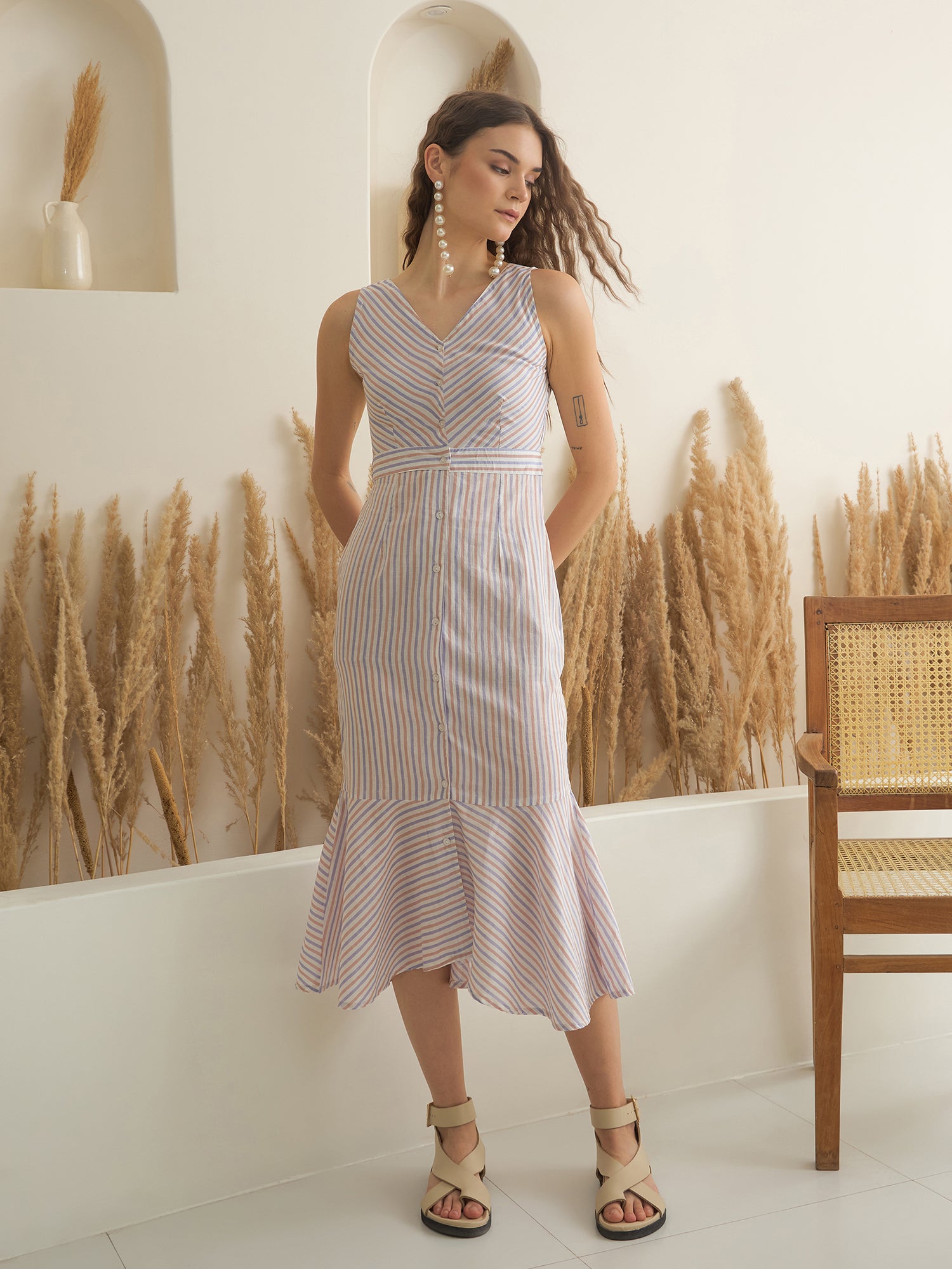 Off White Color Cotton A-Line Printed Dress for Women