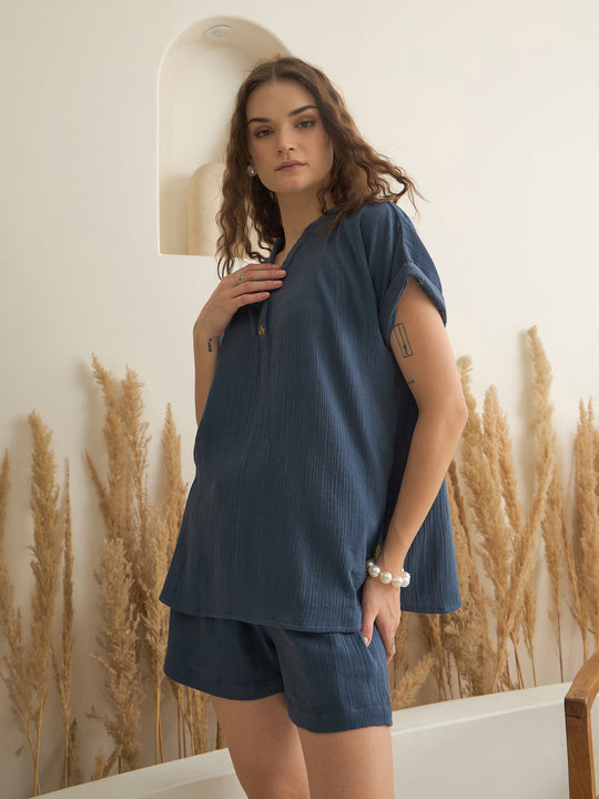 Blue Color V-Neck Pure Cotton Solid Co-ords Set for Women