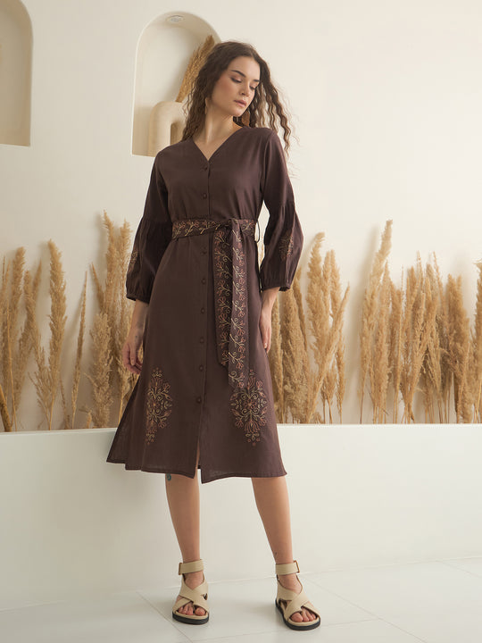 Brown Printed V-Neck Dress with Belt for Women
