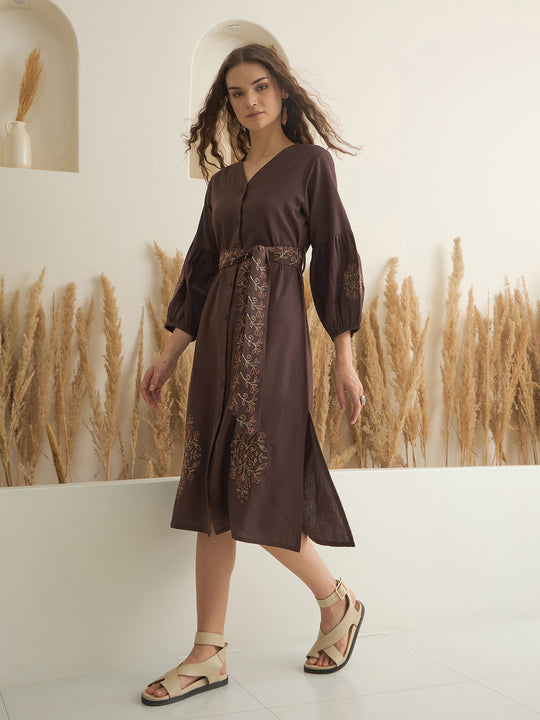Brown Printed V-Neck Dress with Belt for Women
