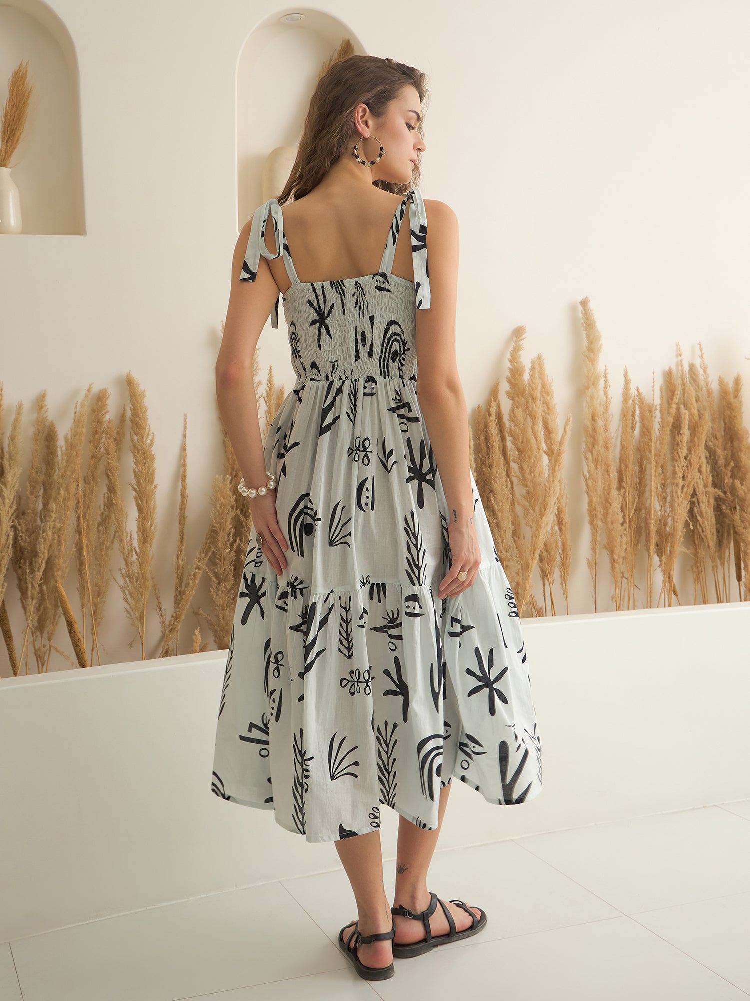 White Color Cotton A-Line Printed Dress for Women