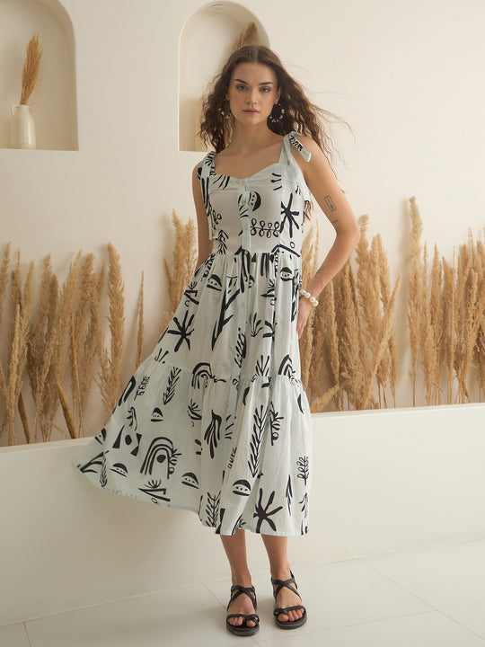 White Color Cotton A-Line Printed Dress for Women