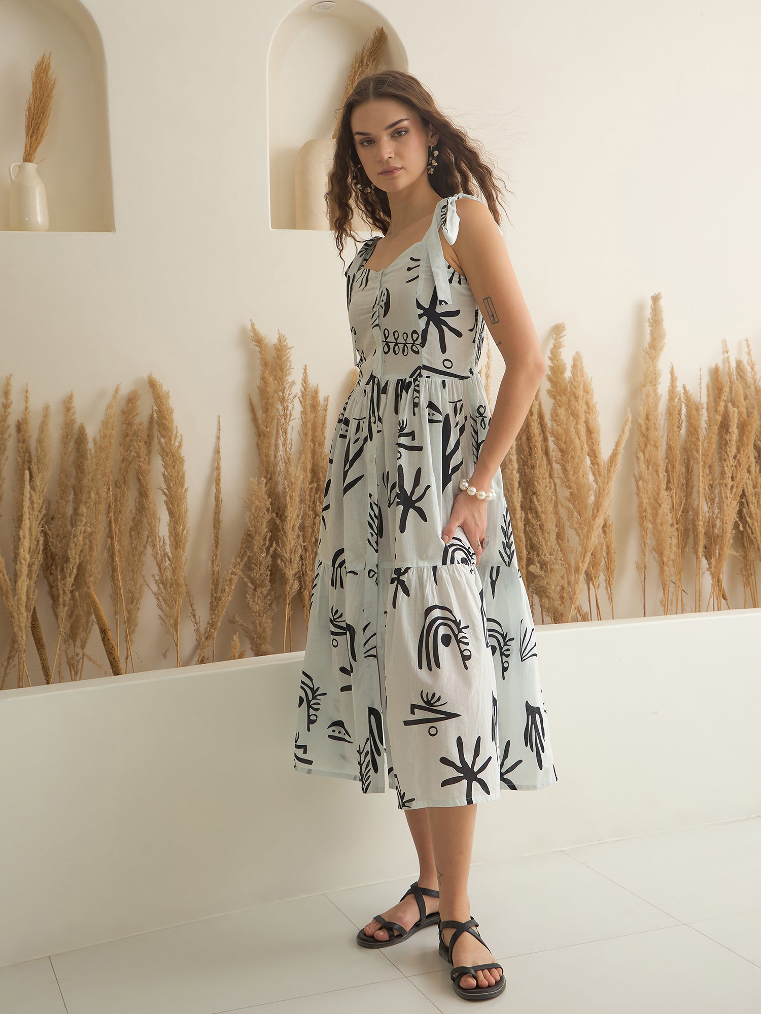 White Color Cotton A-Line Printed Dress for Women