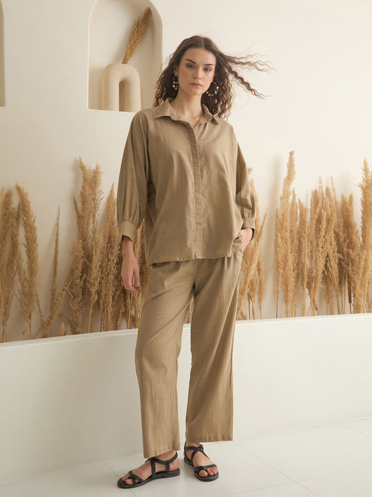 Beige Color Shirt Collar Pure Cotton Solid Co-ords Set for Women